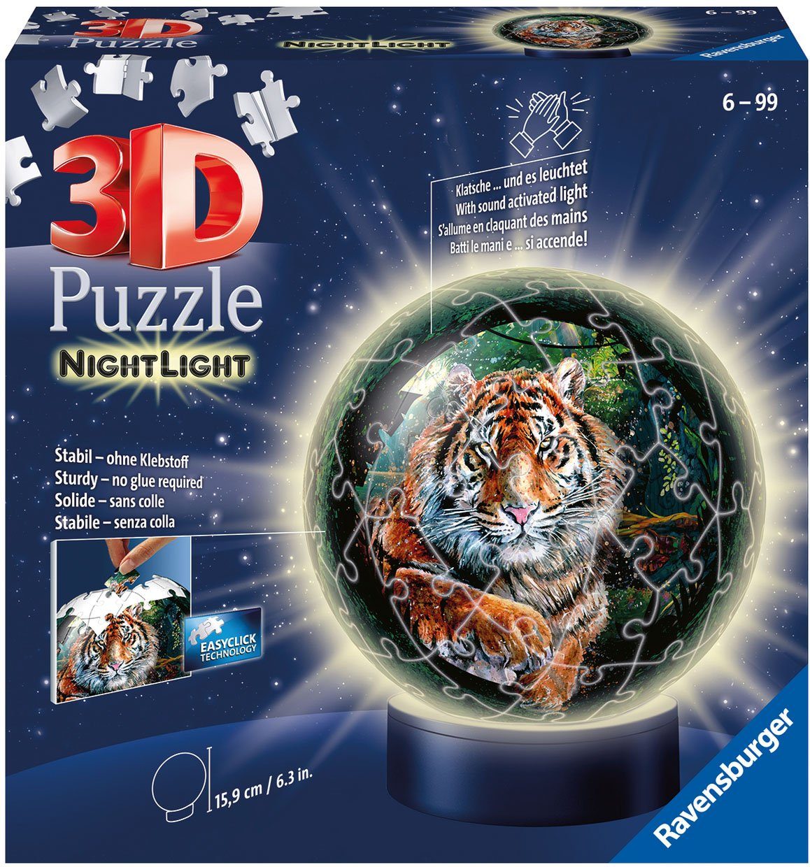 Ravensburger Puzzleball Nachtlicht Raubkatzen, 72 Puzzleteile, mit Leuchtsockel inkl. LEDs; FSC® - schützt Wald - weltweit