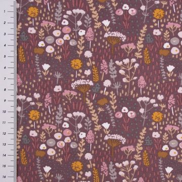 SCHÖNER LEBEN. Stoff Baumwolljerseystoff Liabey Blumenwiese mauve rosa gelb weiß 1,45m, allergikergeeignet