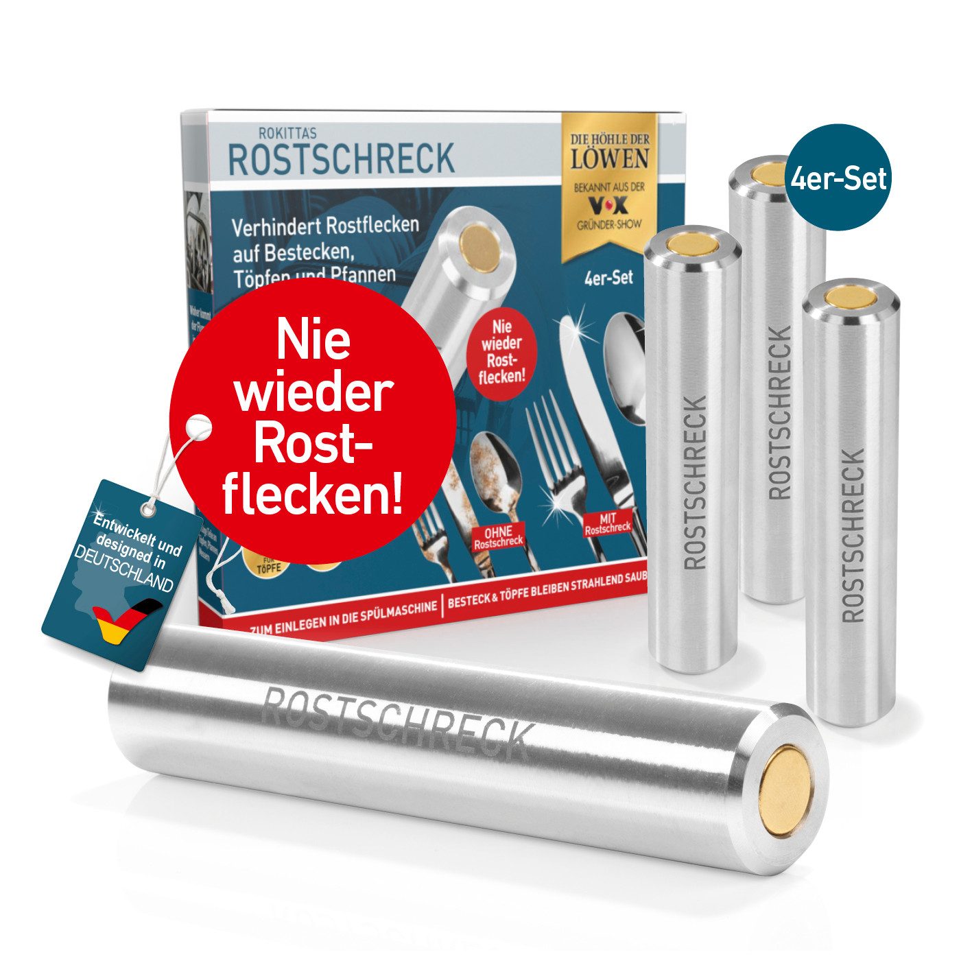 Rokitta's Rostschreck Geschirrspüleinsatz verhindert Rostflecken auf Geschirr & Besteck 4er-Set, gegen Flugrost an Besteck oder Töpfen 4er Set rostfrei