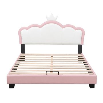 EXTSUD Kinderbett Babybett Kissenbett 140*200cm, mit Lattenrost und Rückenlehne, Kronenförmiges Mädchenbett, rosa (ohne Matratze)