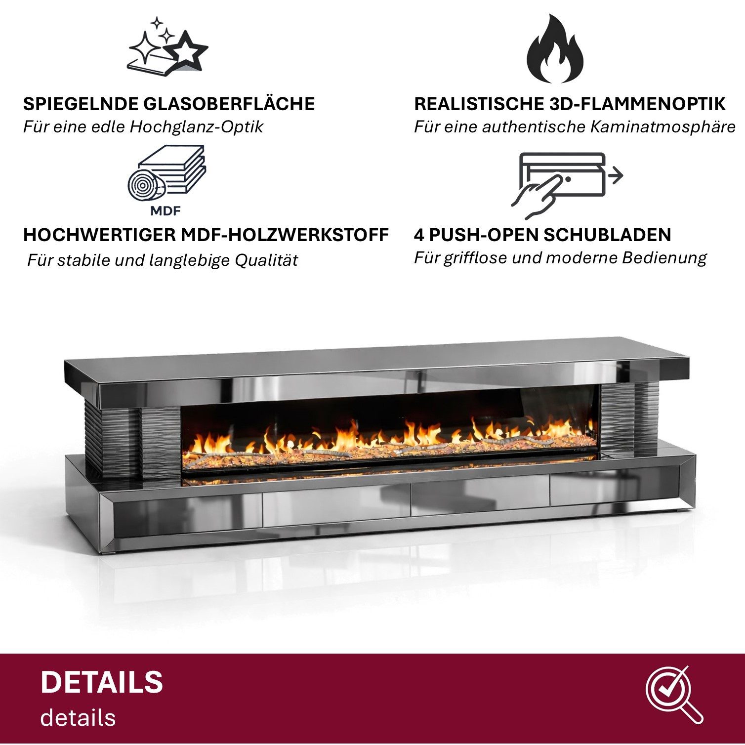 HOOZ TV-Schrank TV Lowboard mit Kamin – modernes Design Anthrazit eckig 200 cm (Einzelprodukt, 1-St., TV Möbel Einzelmöbel) 3D-Flammenoptik, Push-Open Schublade – Bild 2 von 5