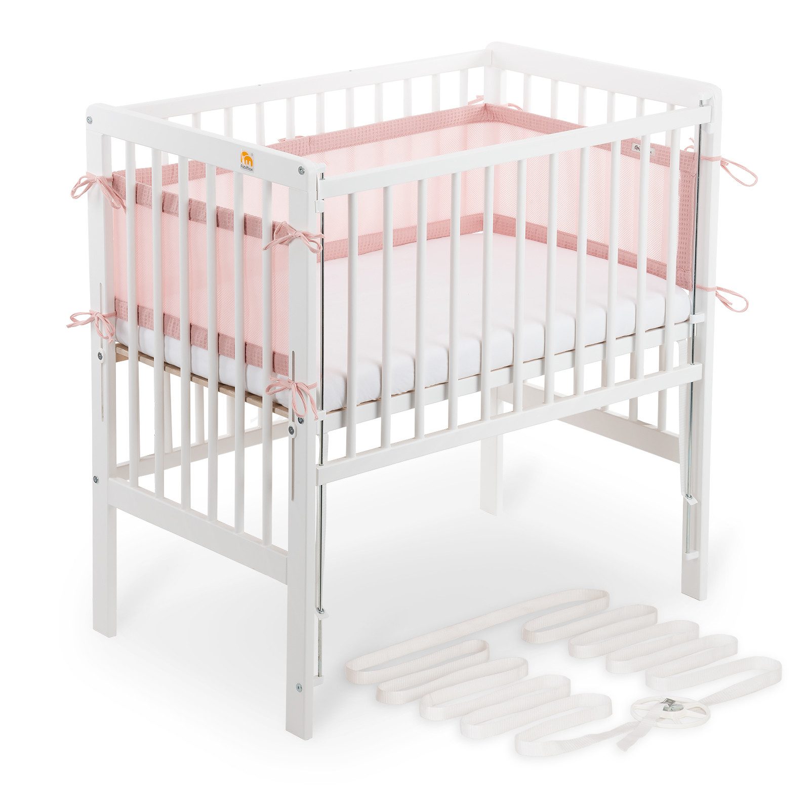 FabiMax Beistellbett Beistellbett Flex 90x55, TÜV geprüft, aus Buchenholz weiß lackiert, stufenlos höhenverstellbar, passend für Boxspringbetten, 2 in 1