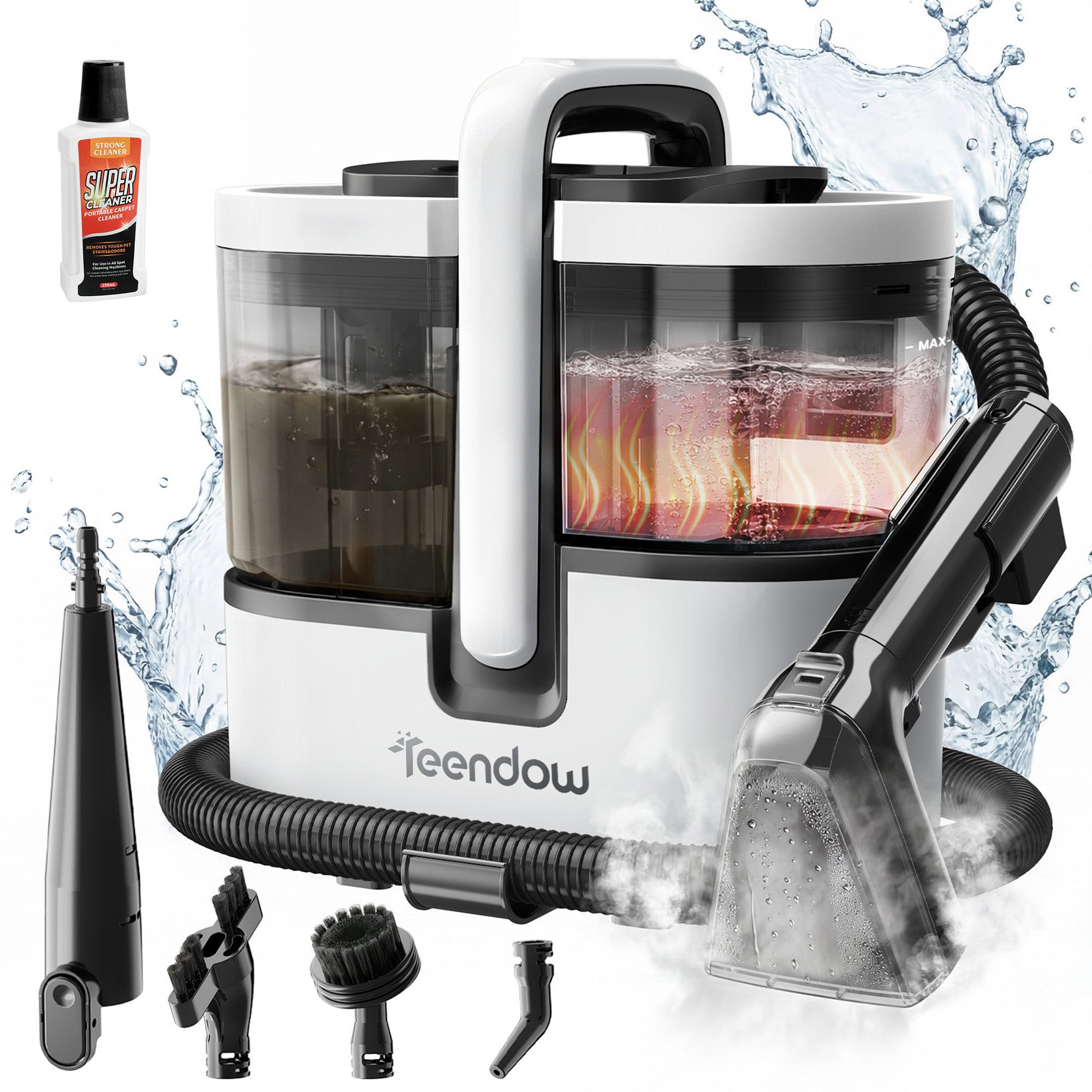 Teendow Wasch-Sauger C7MAX Waschsauger mit Dampf Nasssauger Polsterreiniger Teppichreiniger, 1800 W, Wassertank, Dampf >100°C, 30 Sek. Aufheizung, 18 kPa, 1,6L+1,5L Tanks