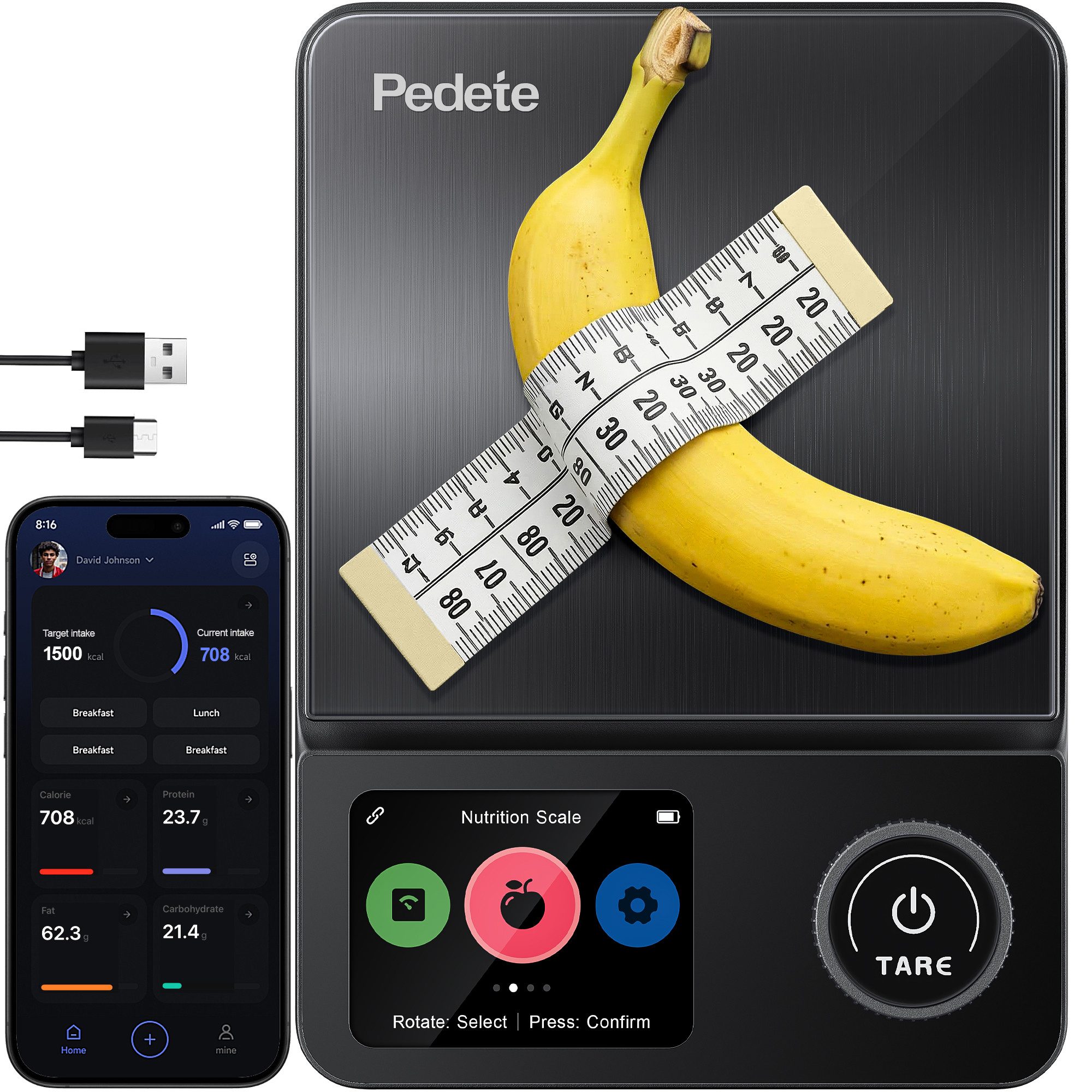 pedete Küchenwaage Digitale ProfiFein waage Kitchen Scale mit LCD Display, (Bluetooth-Verbindungs-App,Kaloriendatenanalyse, 5kg Digitale Kuchenwaage aus Edelstahl), optionaler Nährwertanalyse,Tara-Funktion Zahnrad-Taste