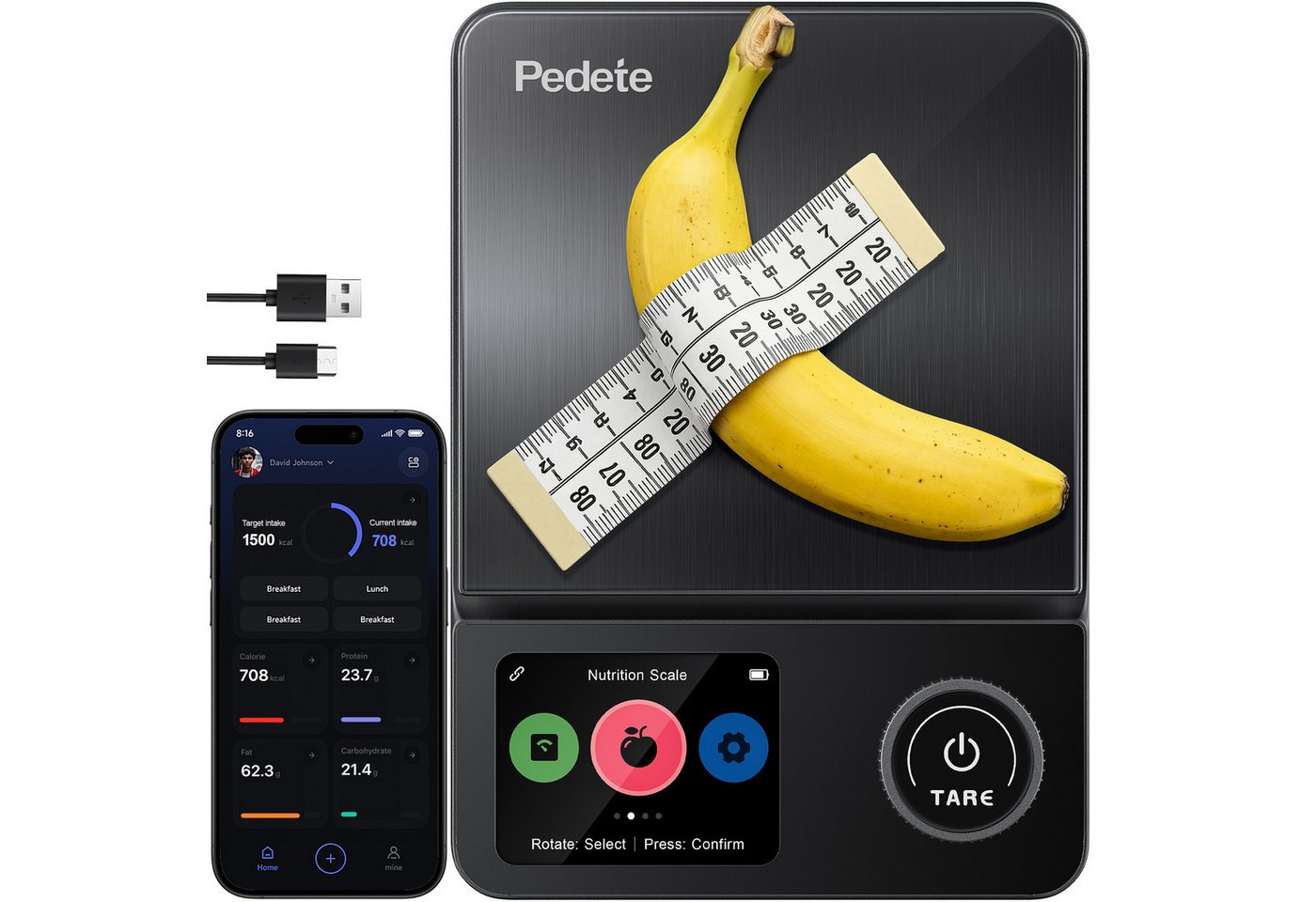 pedete Küchenwaage Digitale ProfiFein waage Kitchen Scale mit LCD Display, (Bluetooth-Verbindungs-App,Kaloriendatenanalyse, 5kg Digitale Kuchenwaage aus Edelstahl), optionaler Nährwertanalyse,Tara-Funktion Zahnrad-Taste