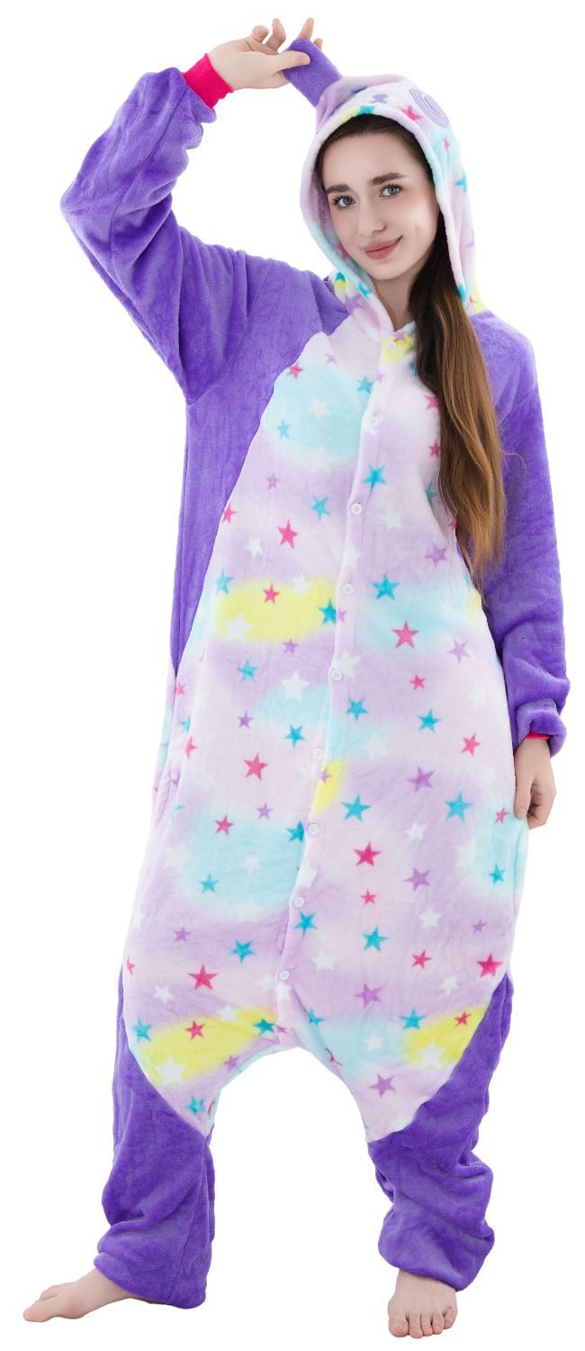 Corimori Partyanzug Onesie Ganzkörper Kostüm für Erwachsene, Damen Herren Karneval Tier-Kostüme Panda bunte Sterne Regenbogen,L
