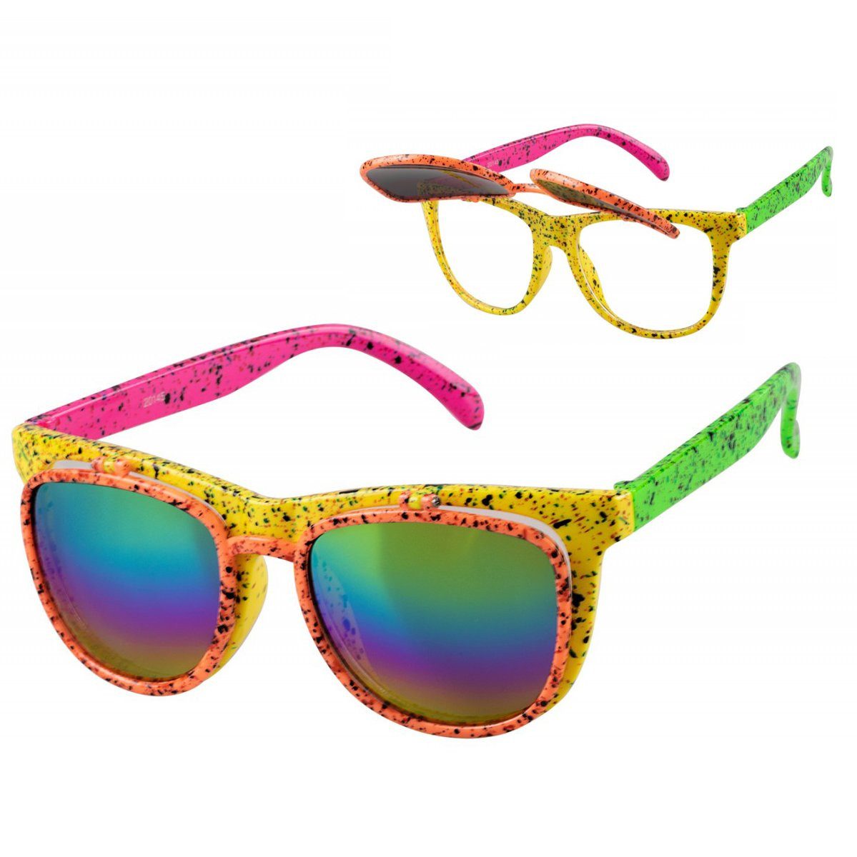 Metamorph Kostüm Flip Up Brille neon gesprenkelt, Klappt auf jeder 80er Party: farbenfrohe Brille mit hochklappbaren Gl