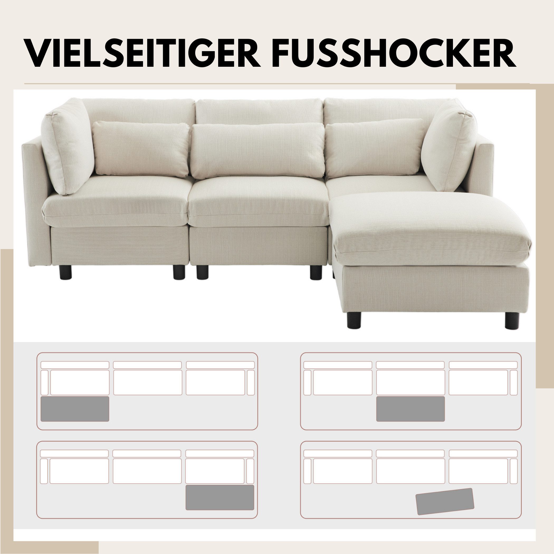 SeedWave Sofa L-förmiges 3-Sitzer-Sofa mit abnehmbare Fußhocker und Lendenkissen, Leinen-Polstersofa mit Lendenkissen,Recamiere Für das Wohnzimmer