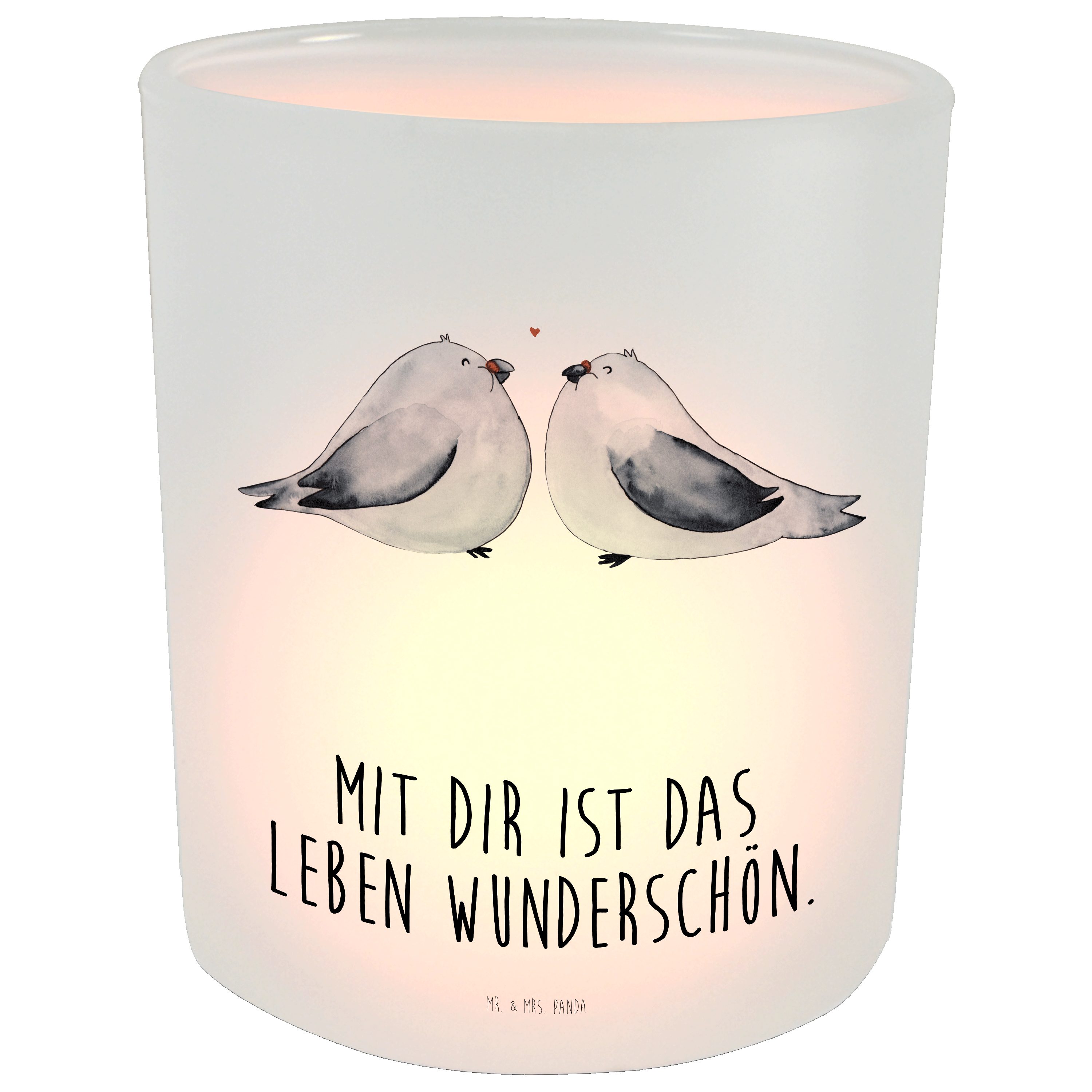 Mr. & Mrs. Panda Windlicht Turteltauben Liebe - Transparent - Geschenk, Teelichtglas, große Lieb (1 St)