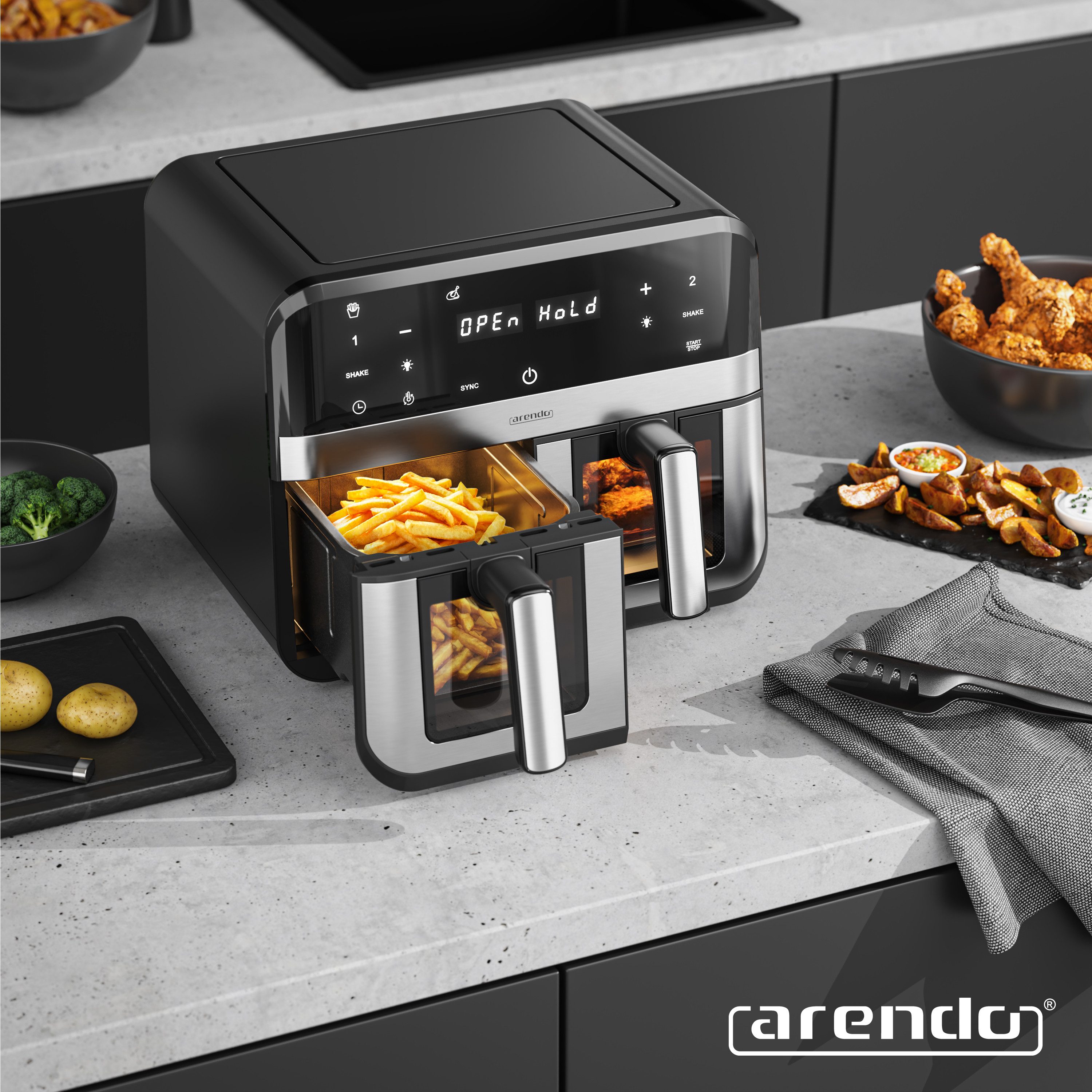 Arendo Heißluftfritteuse XXL Doppelkammer Airfryer 9L mit Backpapier & Zubehör, Dual Zone, 2400 W, Sichtfenster mit Beleuchtung, Umluftsystem, fettarmes gesundes Kochen