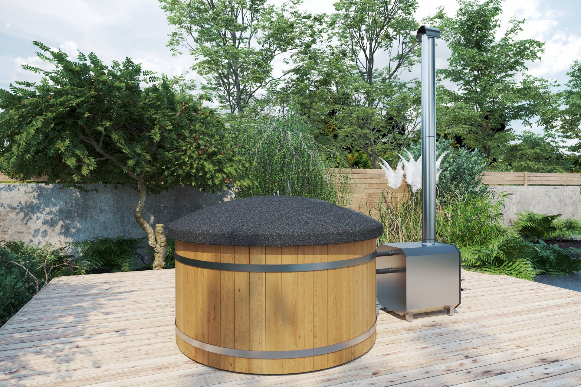 Finn Art Blockhaus Whirlpool 180 Exklusiv Außenofen, Aufstellbecken, mit Holz Ofen