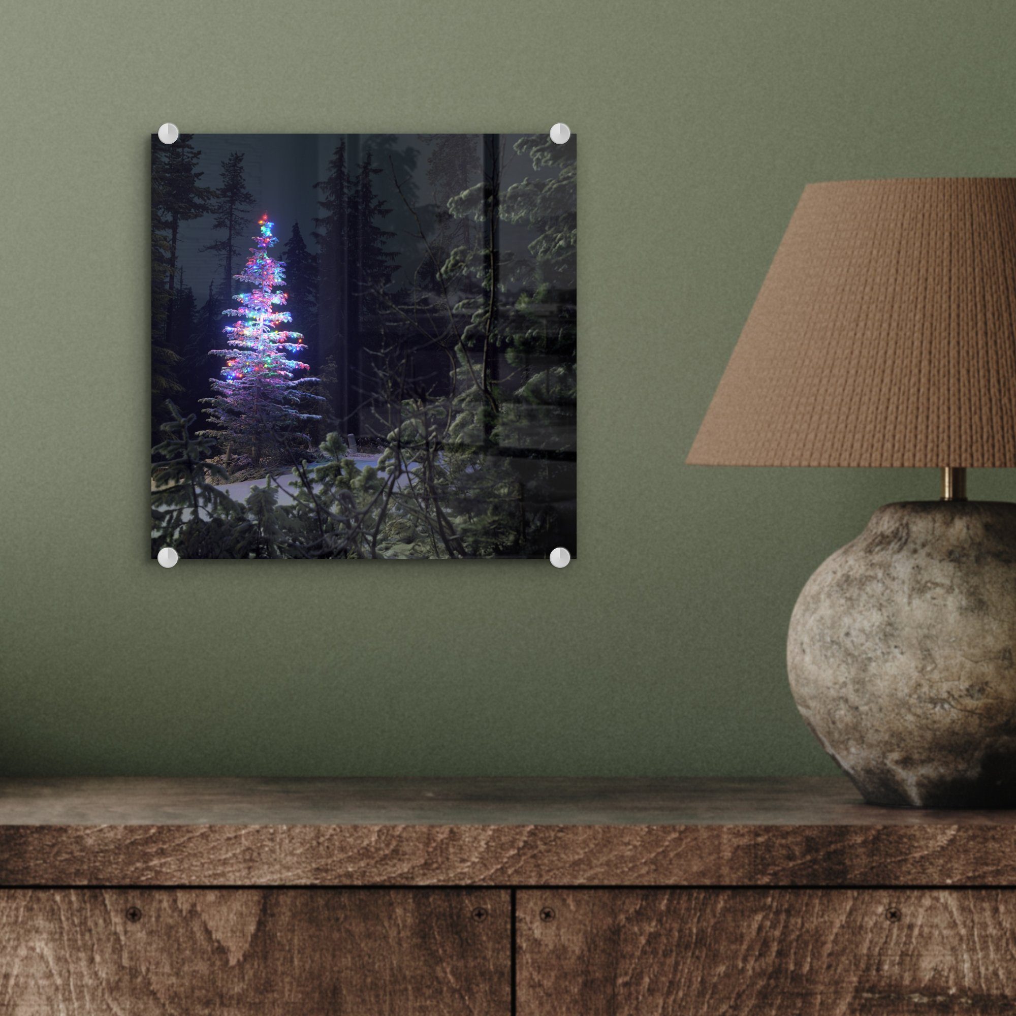 Glas - Glasbilder MuchoWow Glas Weihnachtsbaum - Foto St), Acrylglasbild (1 Wanddekoration Beleuchteter Wald, Wandbild Bilder - in einem auf auf dunklen