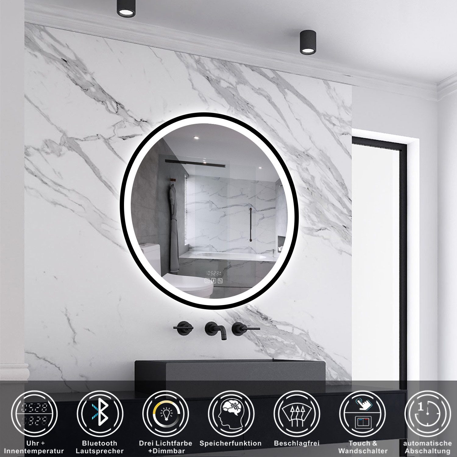 Aica Sanitär Badspiegel LED Wandspiegel mit Beschlagfrei Kalt/Neutral/Warmweiß Dimmbar, mit Bluetooth und Uhr