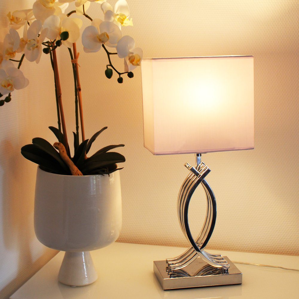 Arnusa Tischleuchte Moderne Tischlampe chrom farben silber Nachttischlampe, ohne Leuchtmittel, mit Stoffschrim in weiß