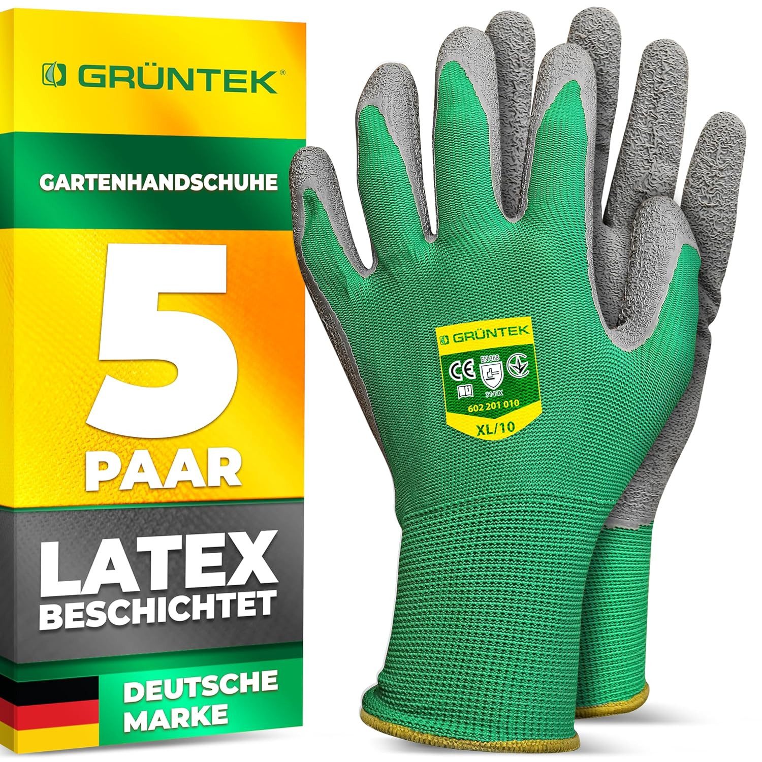 GRÜNTEK Gartenhandschuhe Schutzhandschuhe 5 Paar aus Polyesterfaser mit Latexbeschichtung (Set, 10-St., 5 Paar XL/10) geeignet für den privaten und gewerblichen Gebrauch