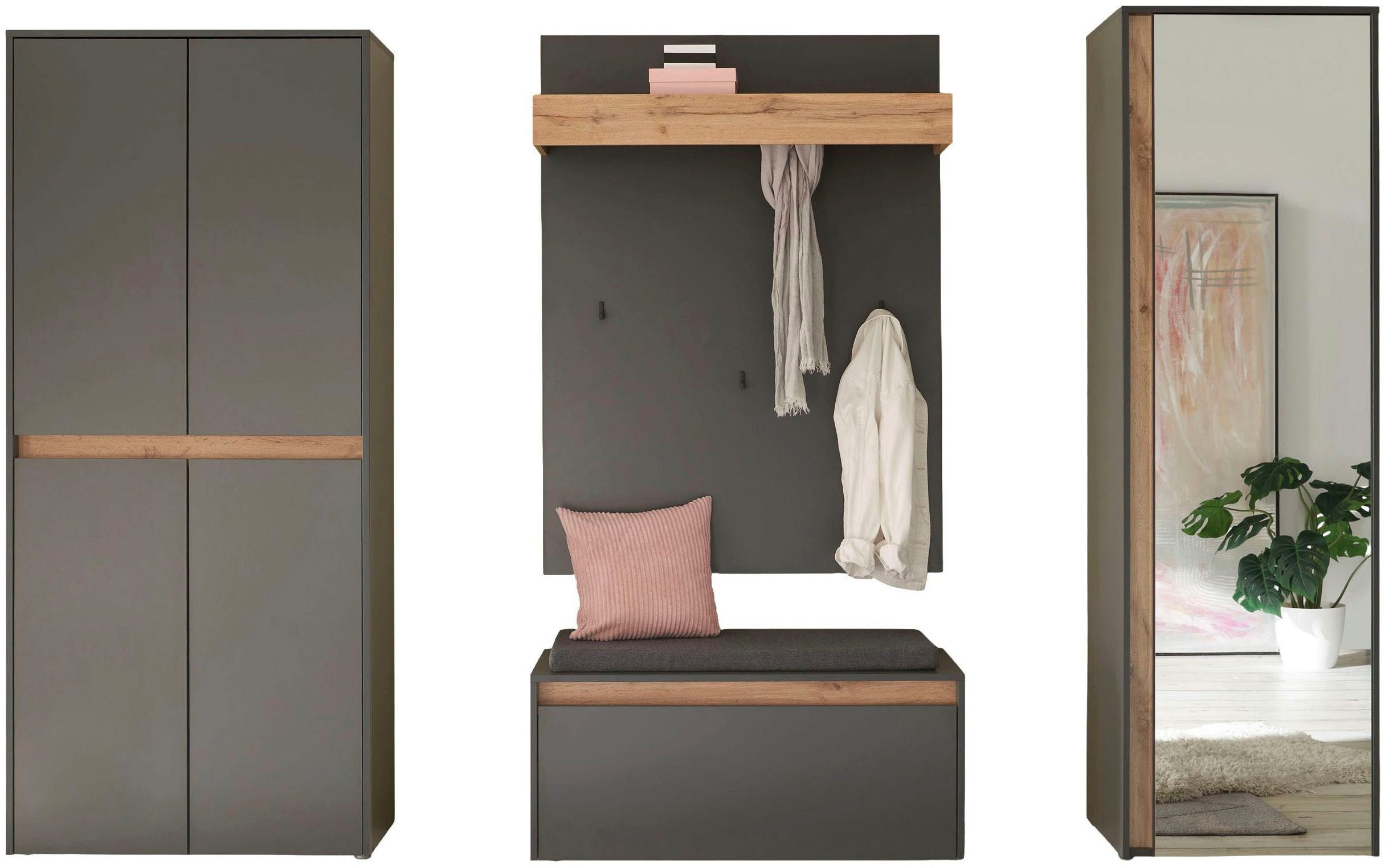 Home affaire Garderoben-Set City/Giron, moderne Garderobe, viel Stauraum, ca. 40 Schuhe, (Set, 4-St), enthält Schrank mit Spiegel, Schuhschrank, Paneel &Bank inkl. Kissen