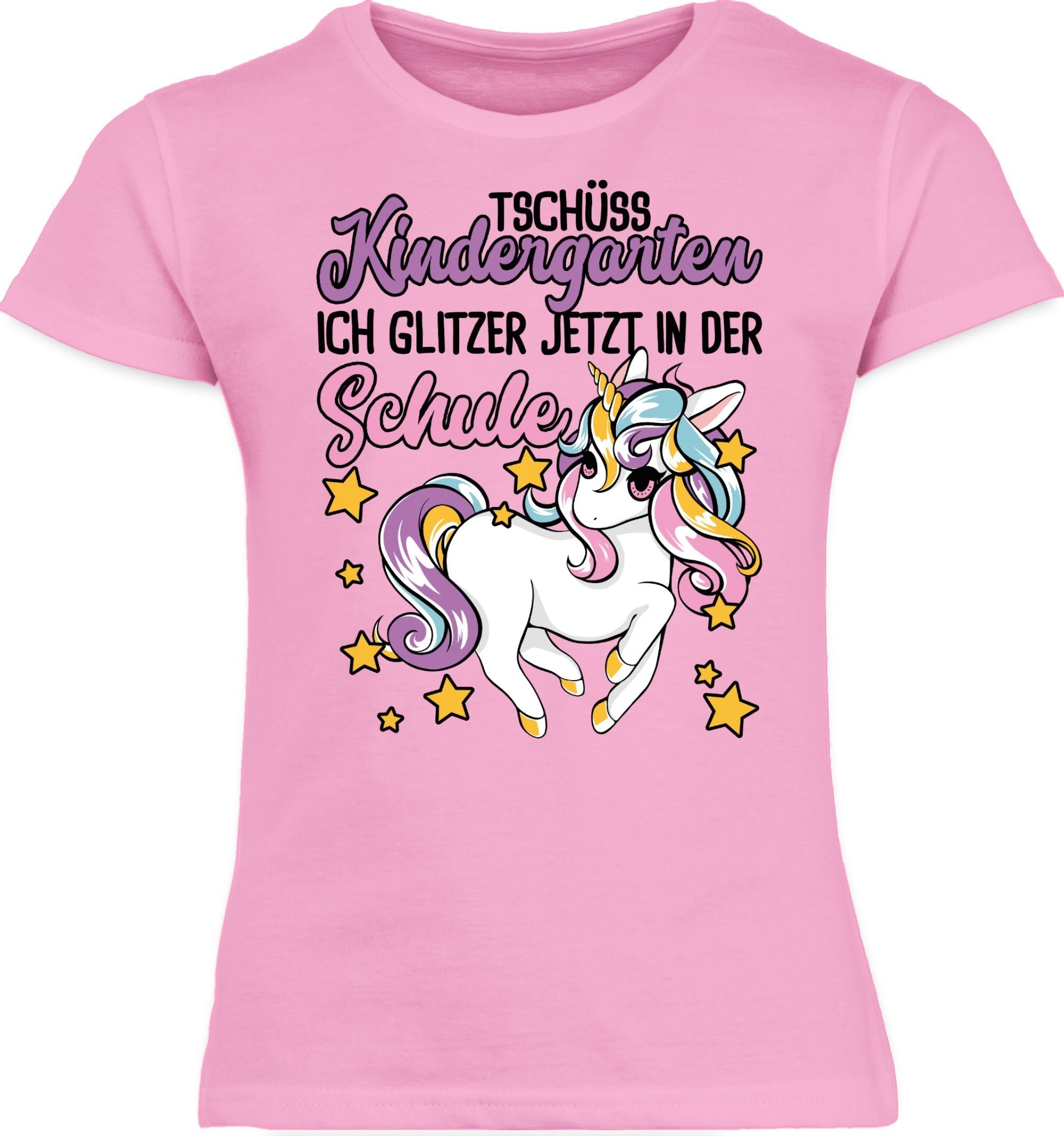 Shirtracer T-Shirt Tschüss Kindergarten Einhorn - Glitzer jetzt in der Schule Einschulung Mädchen