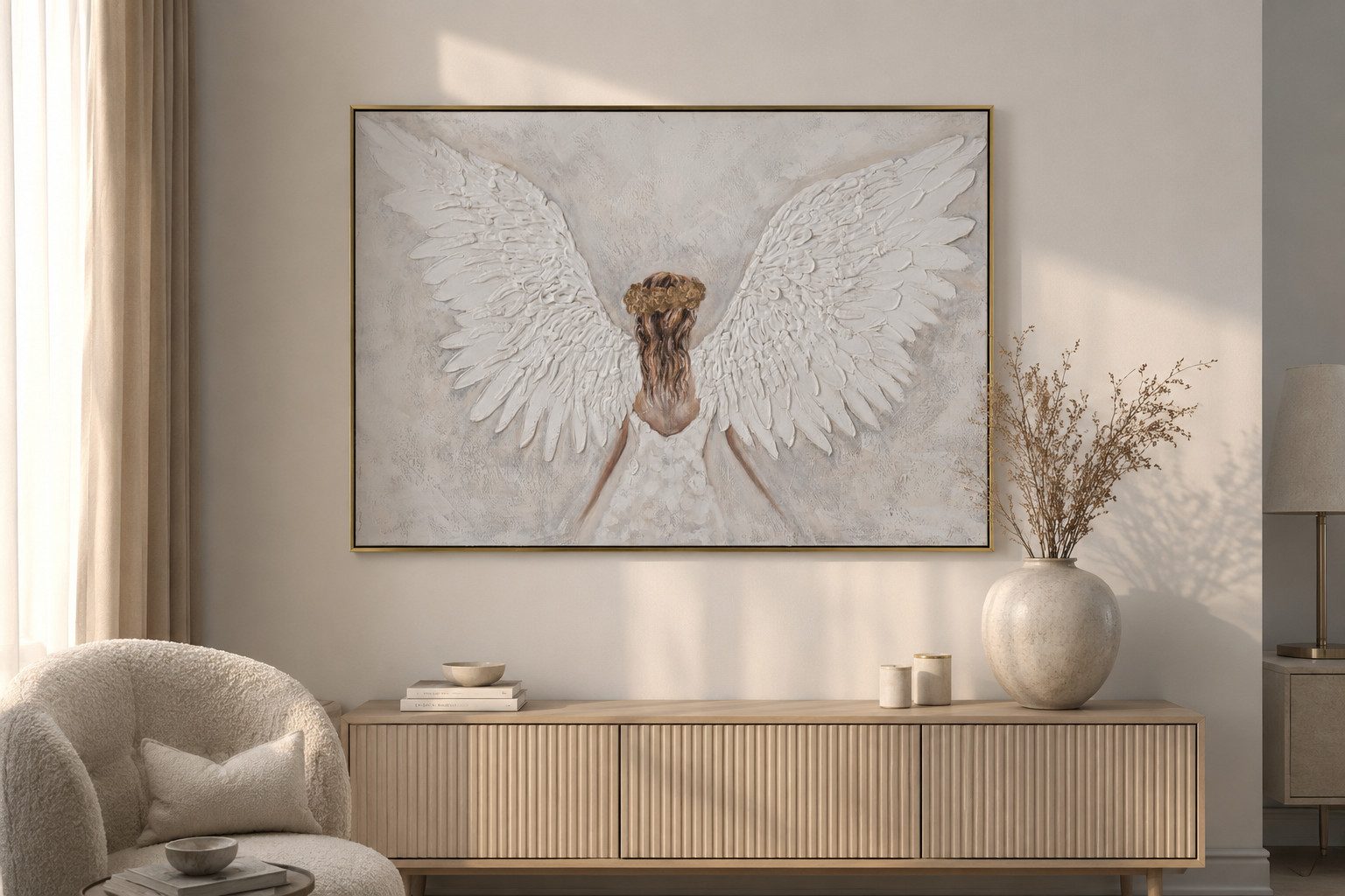 MF Gemälde Wandbild Engel Seraphiel Leinwand Weiß Gold 122x82cm, (1 St)