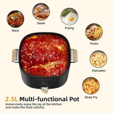 Audecook Multikocher Elektrischer Hot Pot, 2.5L Tragbare Antihaft für Steak/Pasta/Suppe, 800,00 W, 2,50 l Schüssel, Mini Bratpfanne mit Dual Leistungssteuerung, Elektrischer Reisetopf