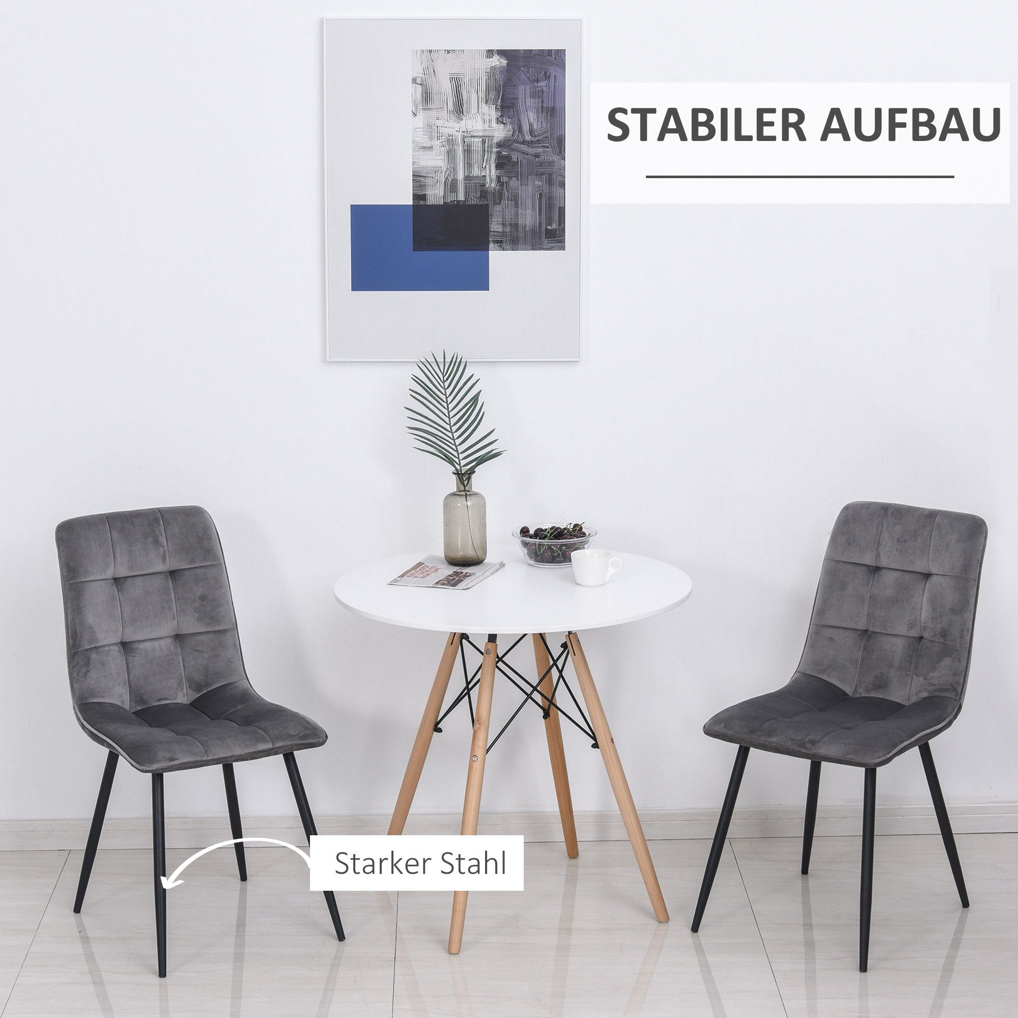 HOMCOM Esszimmerstuhl Küchenstuhl mit Samt-Optik (Polsterstuhl, 2 St), Metall Grau+Schwarz 45 x 63 x 90 cm