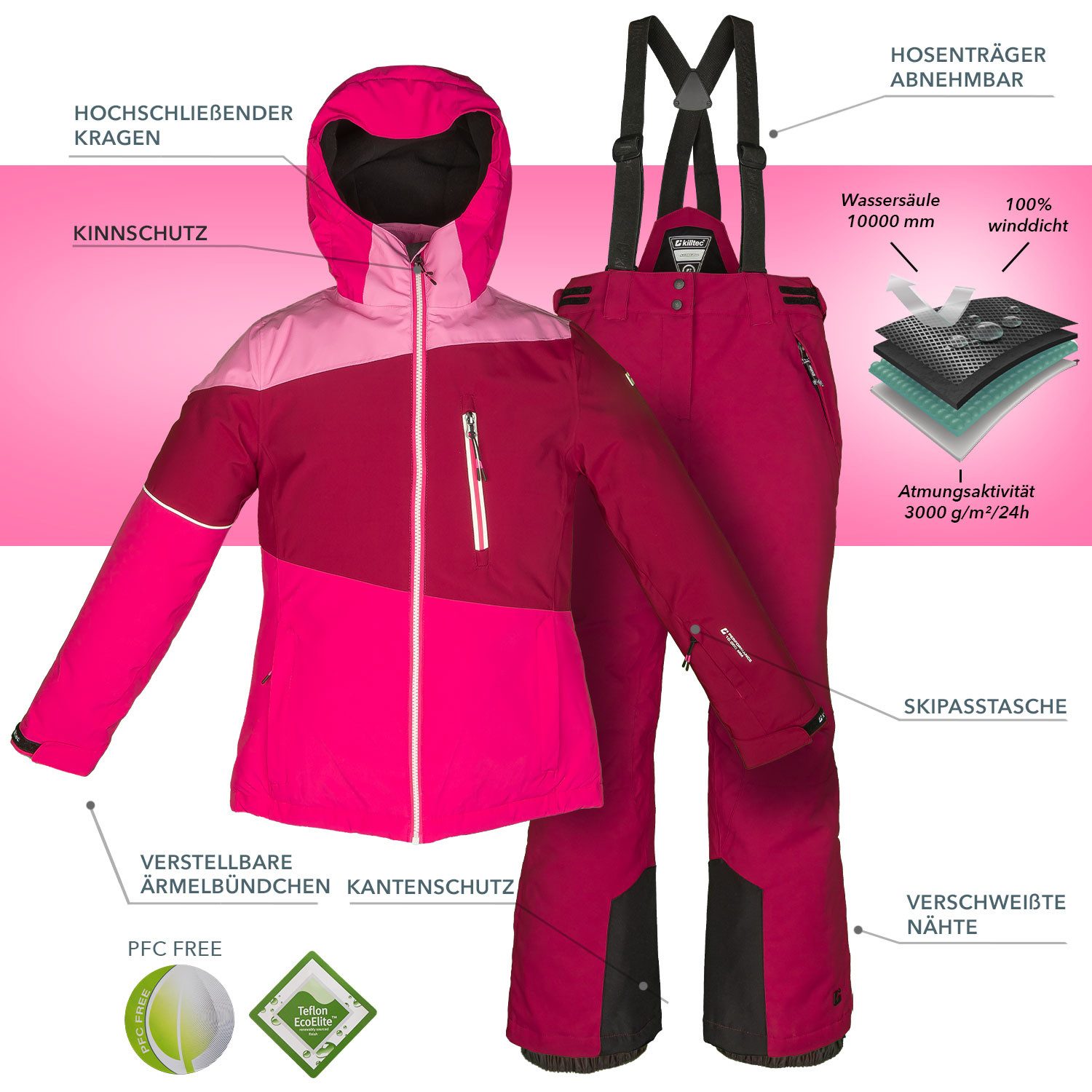 Killtec Skianzug Mädchen Skijacke bordeaux rosa + Skihose weinrot, geschweißte Nähte