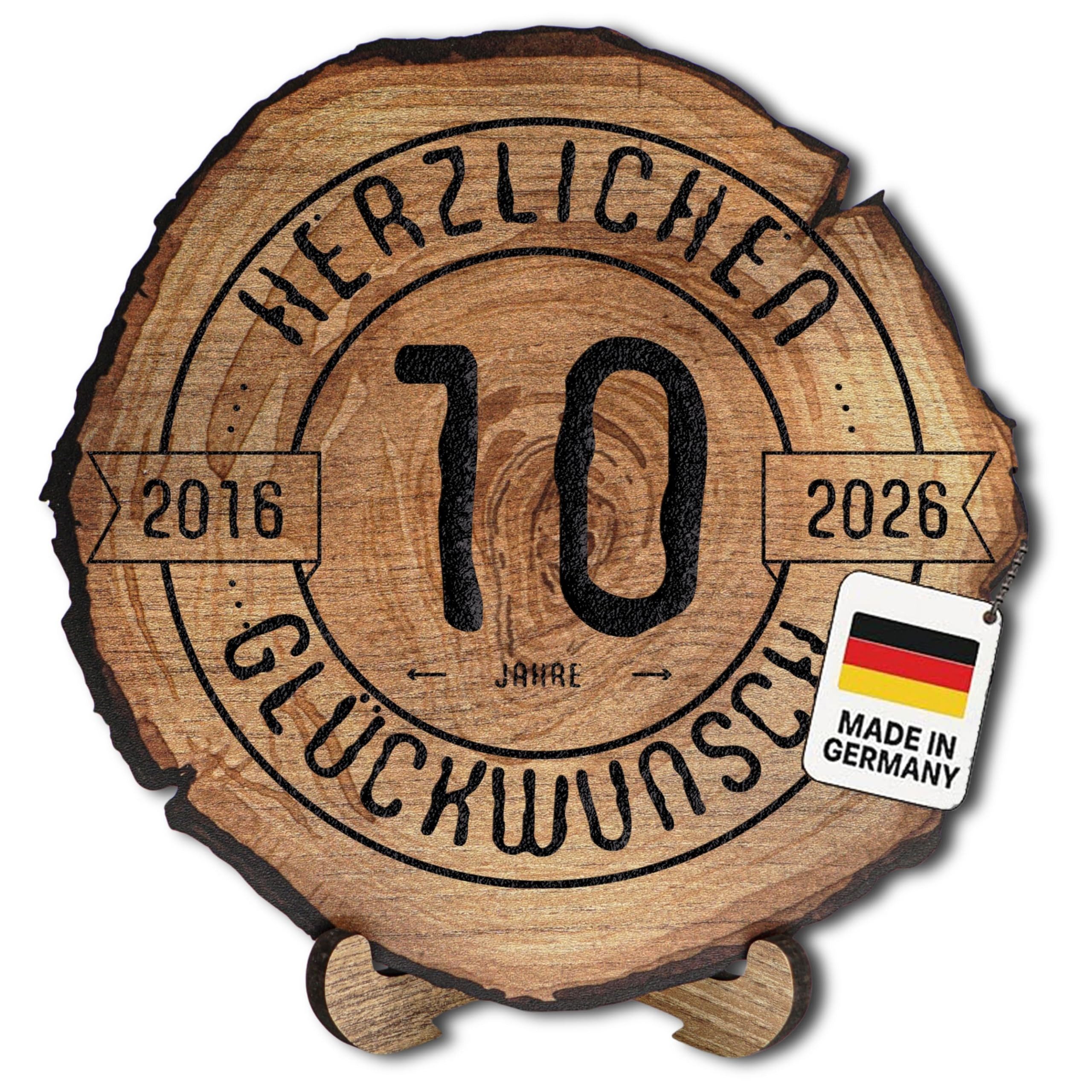 DARO Design Dekoobjekt Geburtstagsschild Holzscheibe Jubiläum Geschenk mit Gravur (Dekoration, 10. Geburtstag – 2016–2026), Ø 45 cm, 6 mm HDF