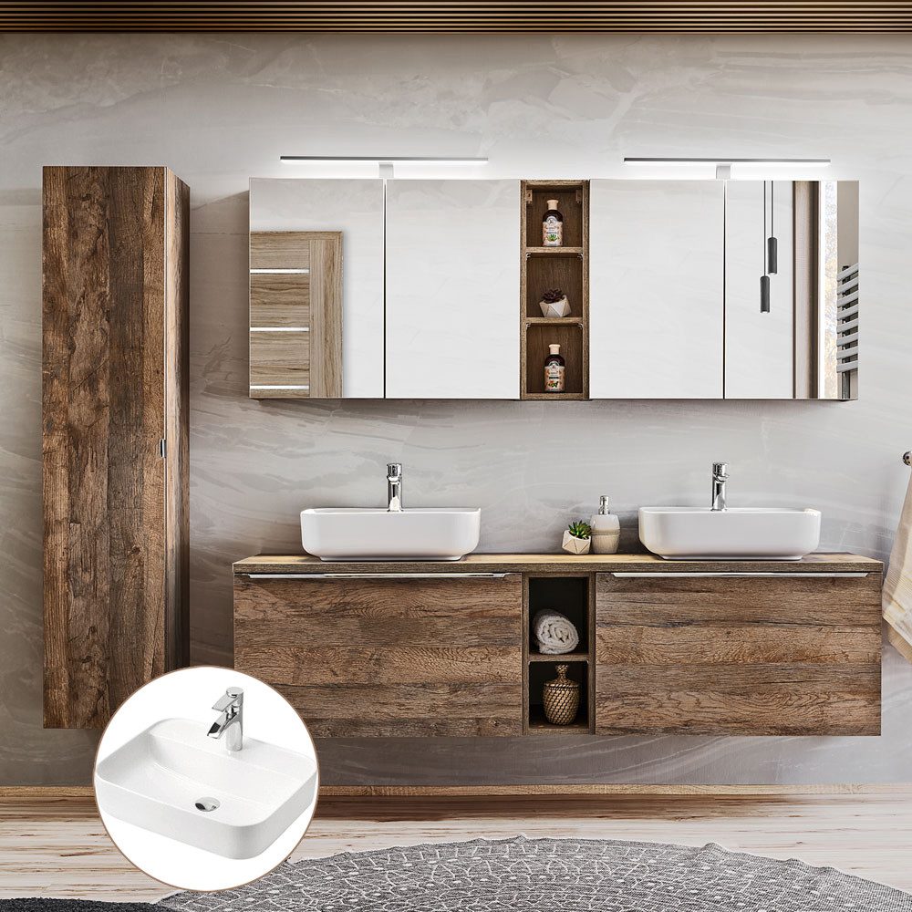 Lomadox Badmöbel-Set PUEBLA-56, (Spar-Set, 12-St), Eiche Doppelwaschtisch K günstig online kaufen