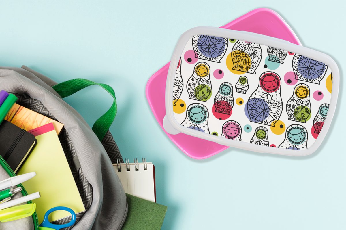 für Lunchbox Matroschka Kunststoff, - MuchoWow Kinder, - Schnittmuster rosa Snackbox, Mädchen, Baby, Brotbox (2-tlg), Erwachsene, Brotdose Kunststoff
