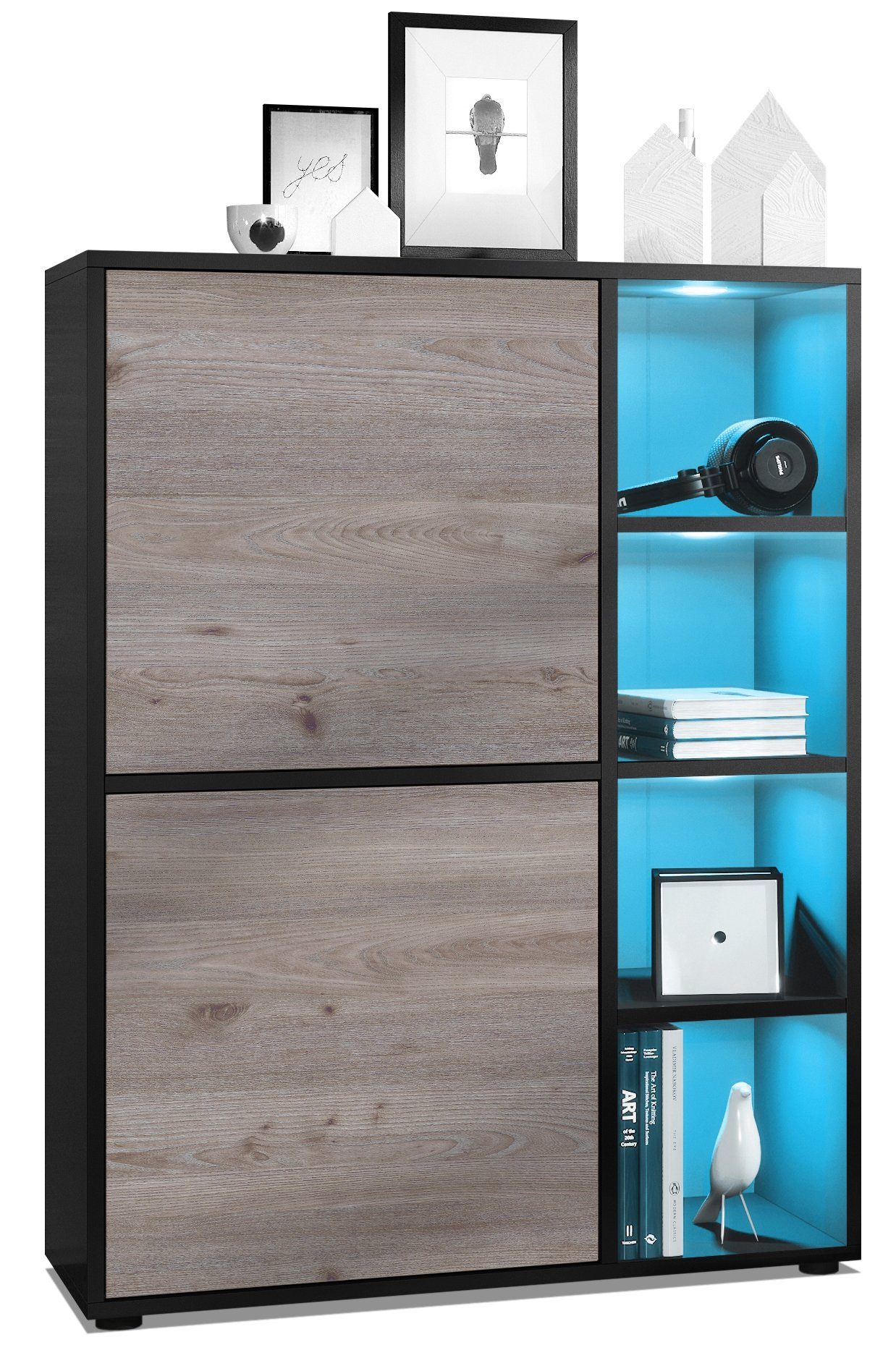 Vladon Highboard Cuba (Anrichte mit 2 Türen, und 4 offene Fächer inkl. RGB LED Beleuchtung), Schwarz matt/Eiche Nordic (79 x 105,5 x 35,5 cm)