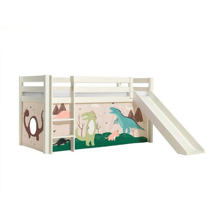 Natur24 Kinderbett Halbhohes Bett Pino mit Rutsche und Textilset Dino Kiefer Weiß lackiert