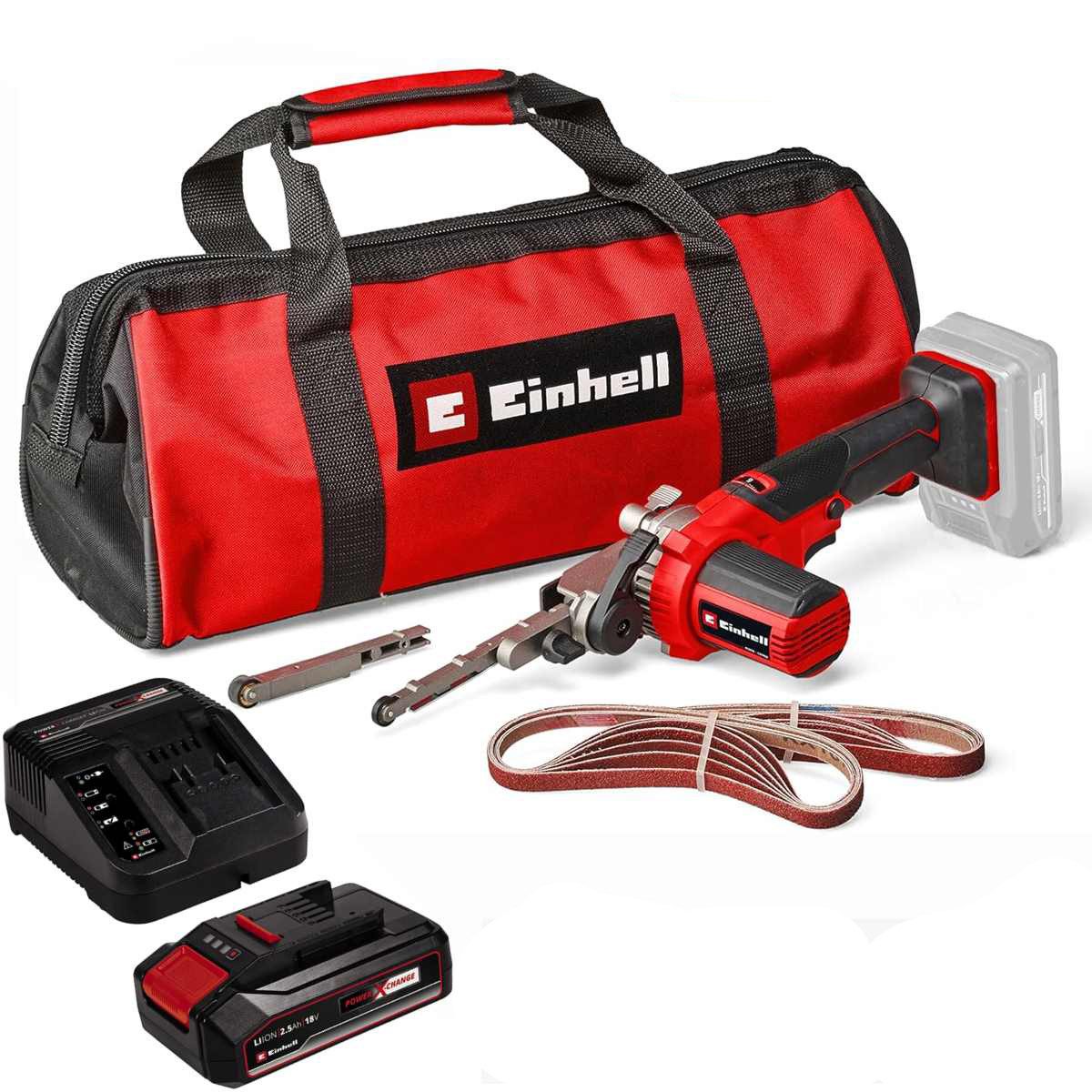 Einhell Akku-Bandschleifer Bandfeile TE-BF 18 Li 18VAkku 2.5 Ah 2 x Schleifarme 9 mm und 13 mm
