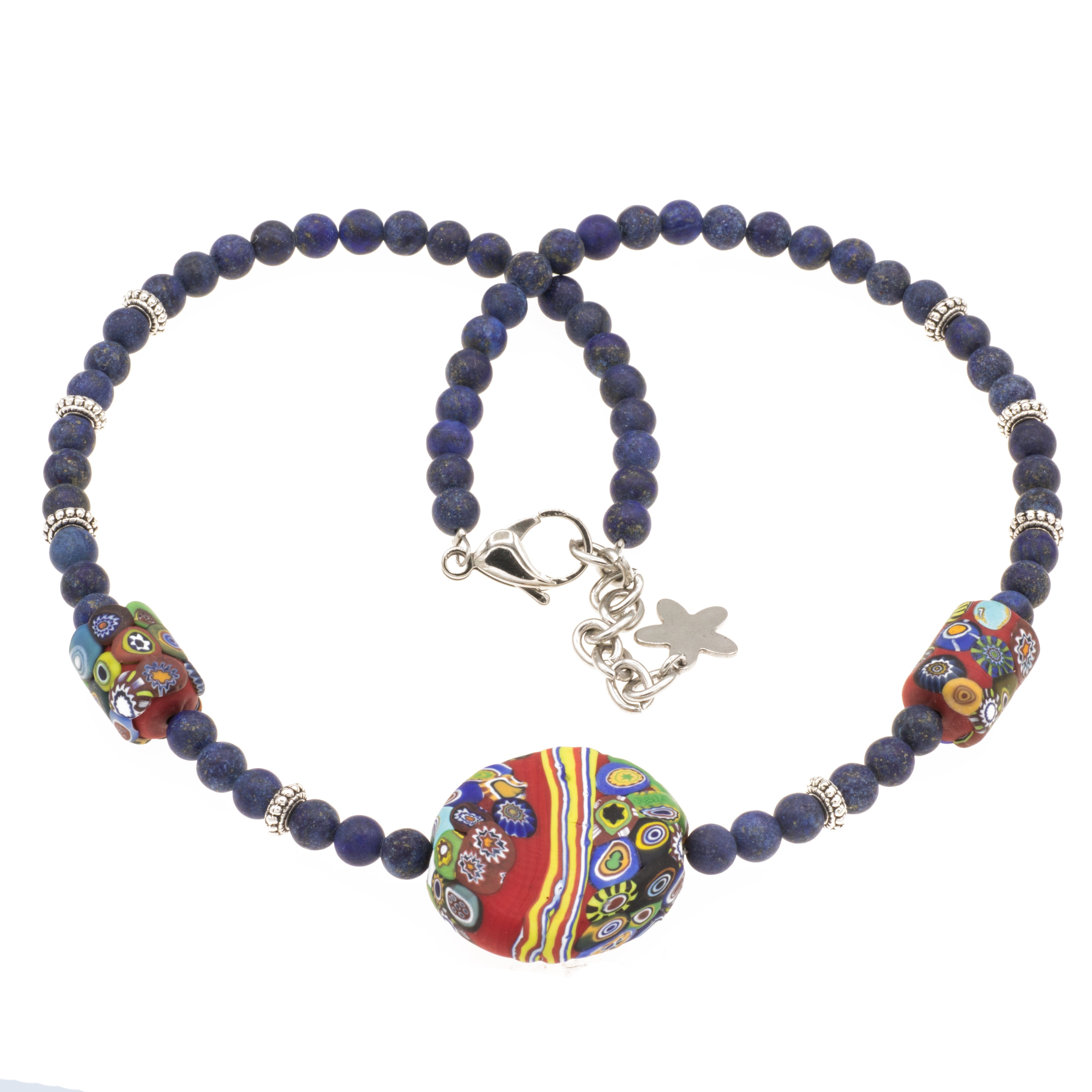 Perlenkette Kette mit Murano Glas Mosaik Perlen und Lapisalzuli