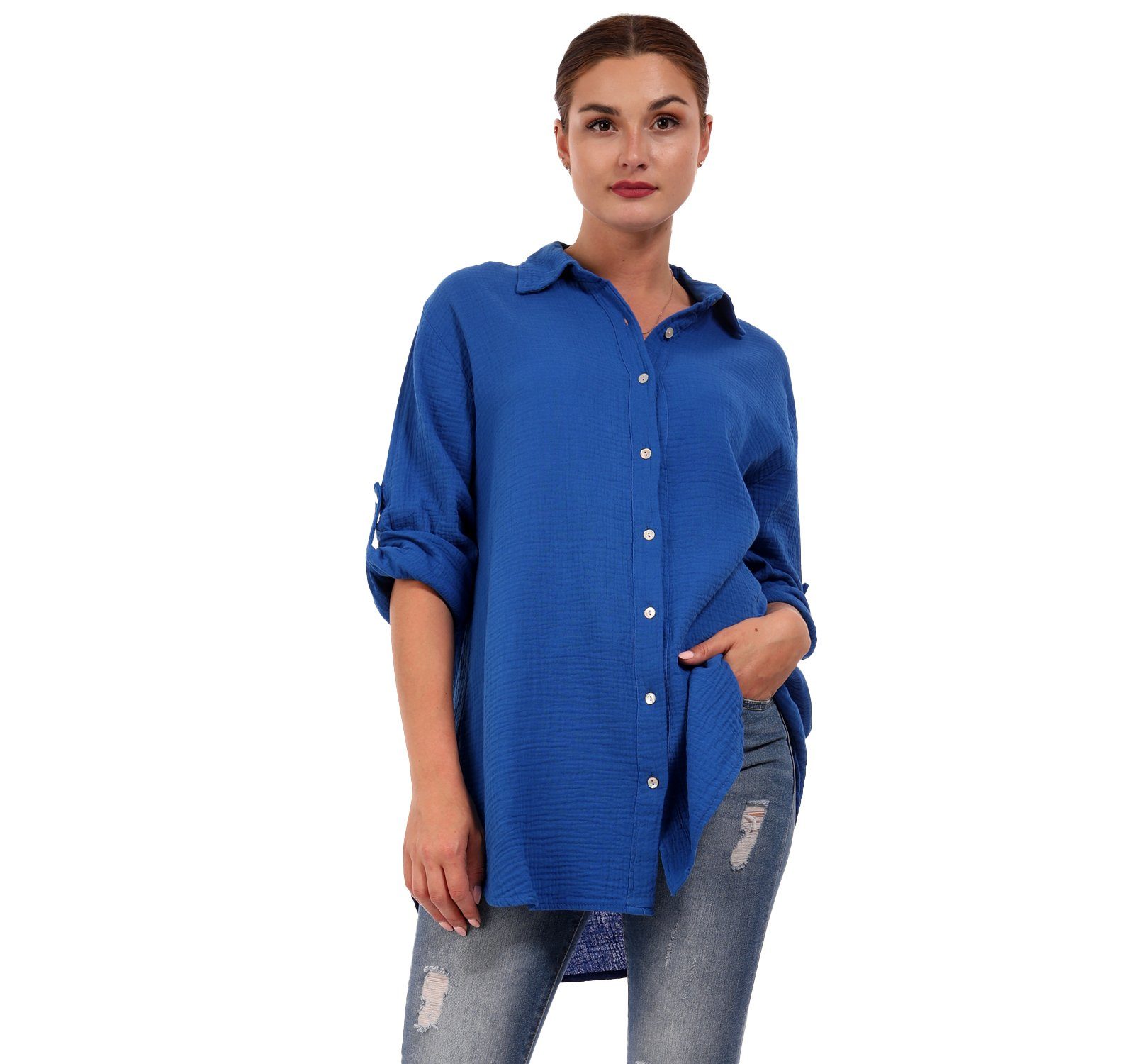 Herrlich Musselin One Style Bluse YC Oversized Hemdbluse royalblau Uni, Casual Fashion weicher (1-tlg) Long Langarm, bluse & Size