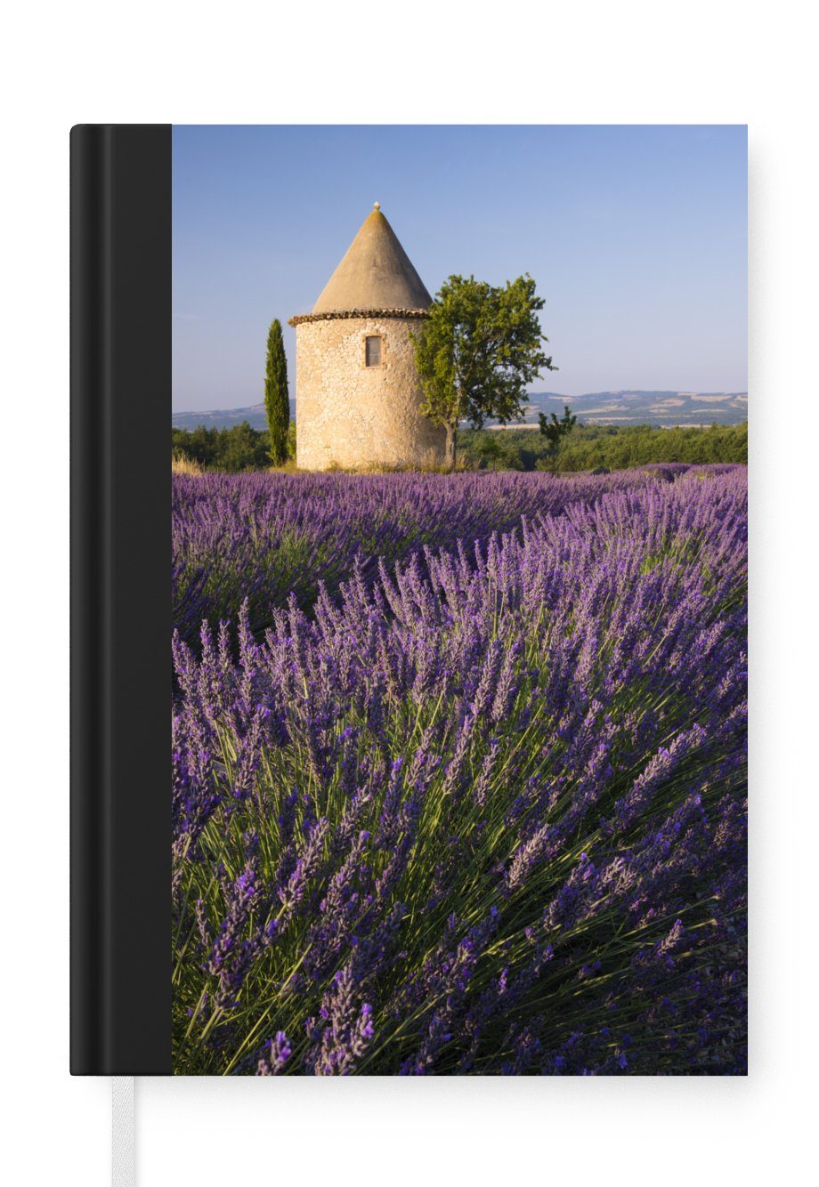 MuchoWow Notizbuch Runder Turm Merkzettel, 98 Notizheft, A5, Frankreich, in Tagebuch, Journal, einem auf Haushaltsbuch Seiten, Lavendelfeld