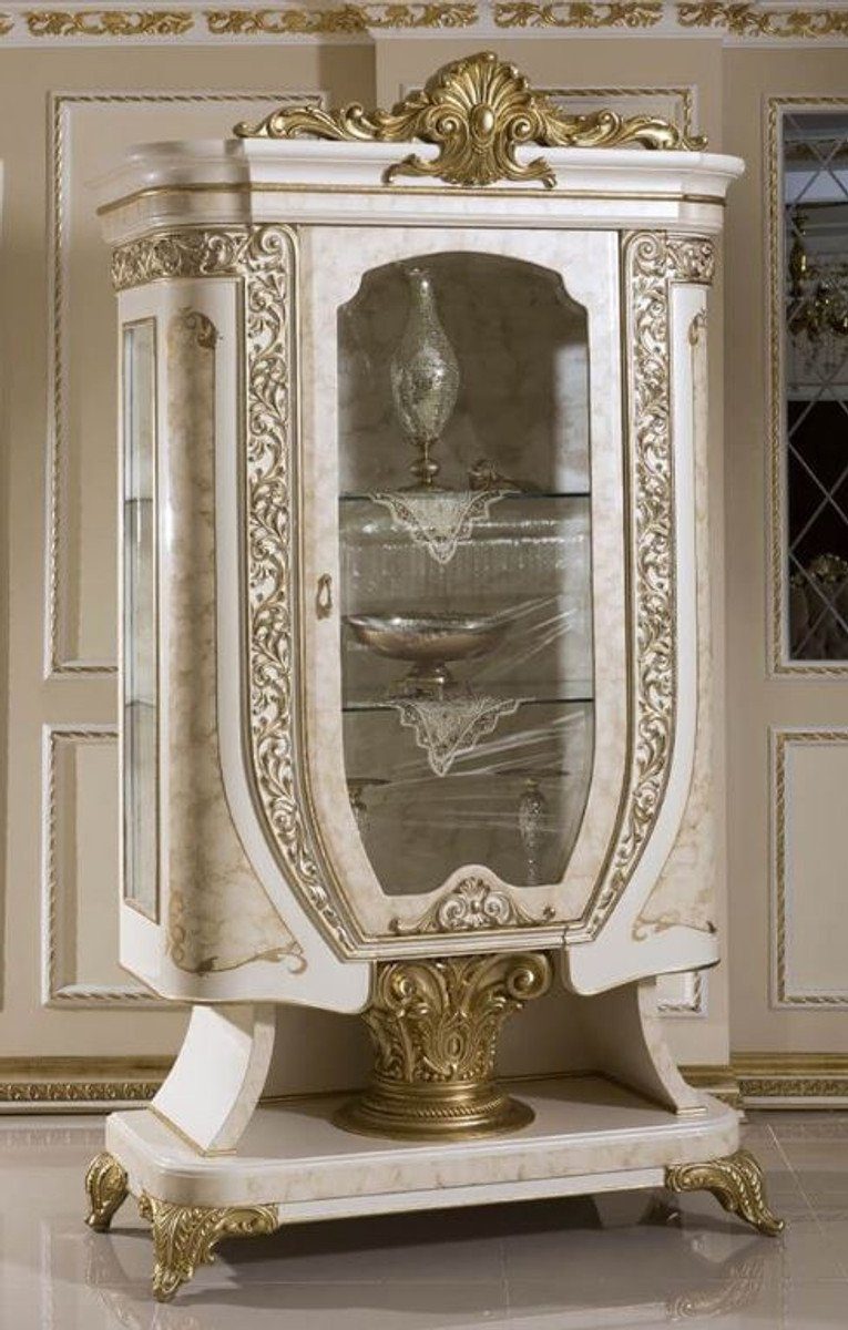 Casa Padrino Vitrine Luxus Barock Vitrine Weiß / Beige / Gold - Prunkvoller Massivholz Vitrinenschrank mit Glastür - Handgefertigte Barock Möbel - Edel & Prunkvoll
