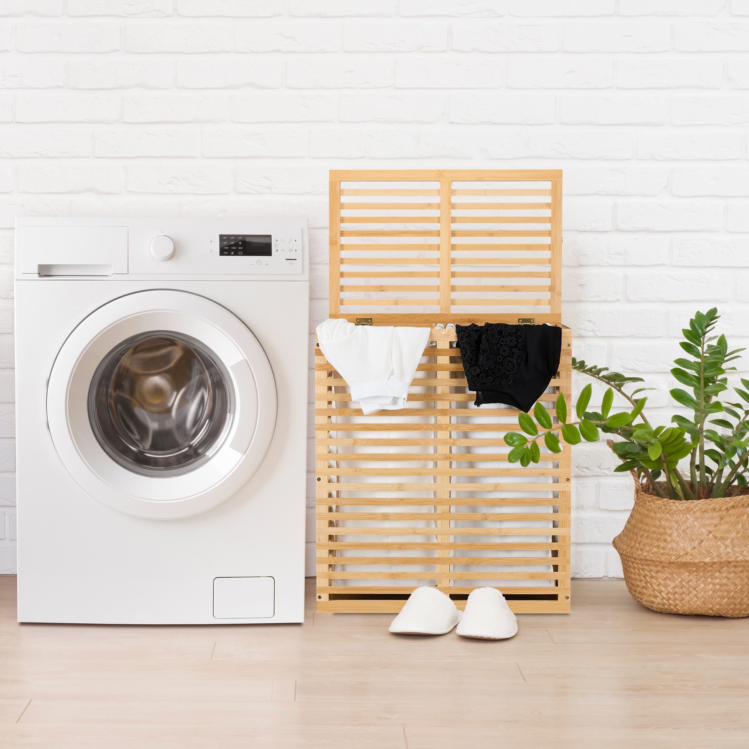 relaxdays Wäschekorb Bambus Wäschekorb mit 2 Säcken günstig online kaufen