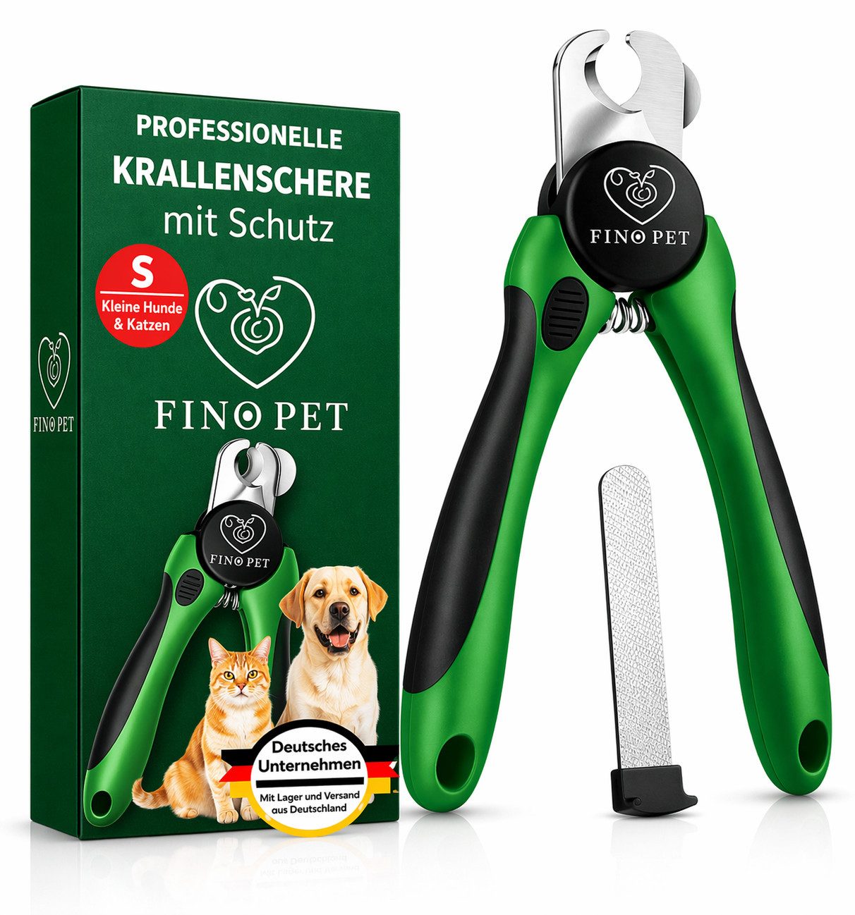 FinoPet Krallenschneider Krallenschere für Hunde & Katzen - Mit Schutz & Abstandhalter, (Krallenzange für Kleine Krallen - Krallenfeile im Griff - Hundekrallen Schneider, 1-tlg), Alternative zu Nagelschere & Krallenschleifer