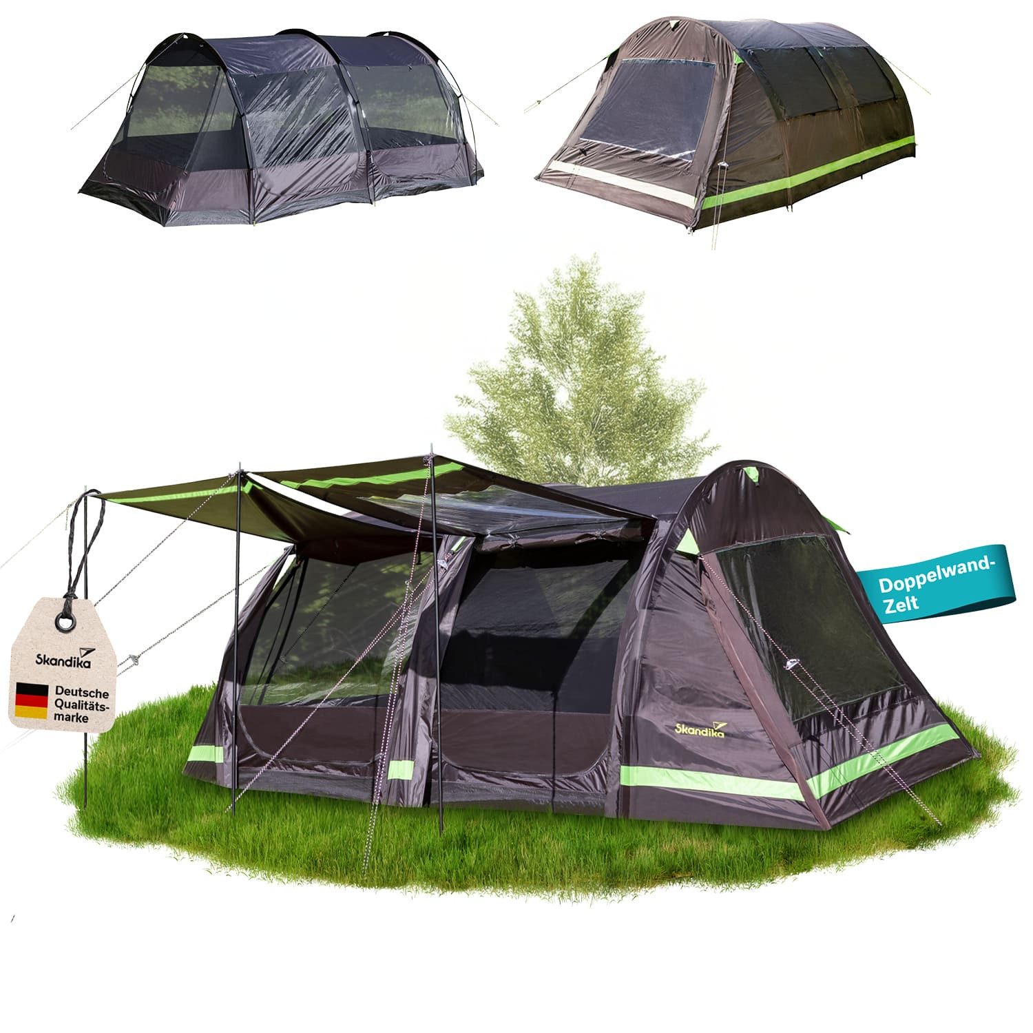 Skandika Tunnelzelt Campingzelt, Familienzelt, Solheim 6 Protect, 2 m Stehhöhe, Personen: 6 (Alle Türen als Sonnendach nutzbar, Tragetasche), eingenähter Zeltboden, 3000mm Wassersäule, UPF 50+, mit Moskitonetz