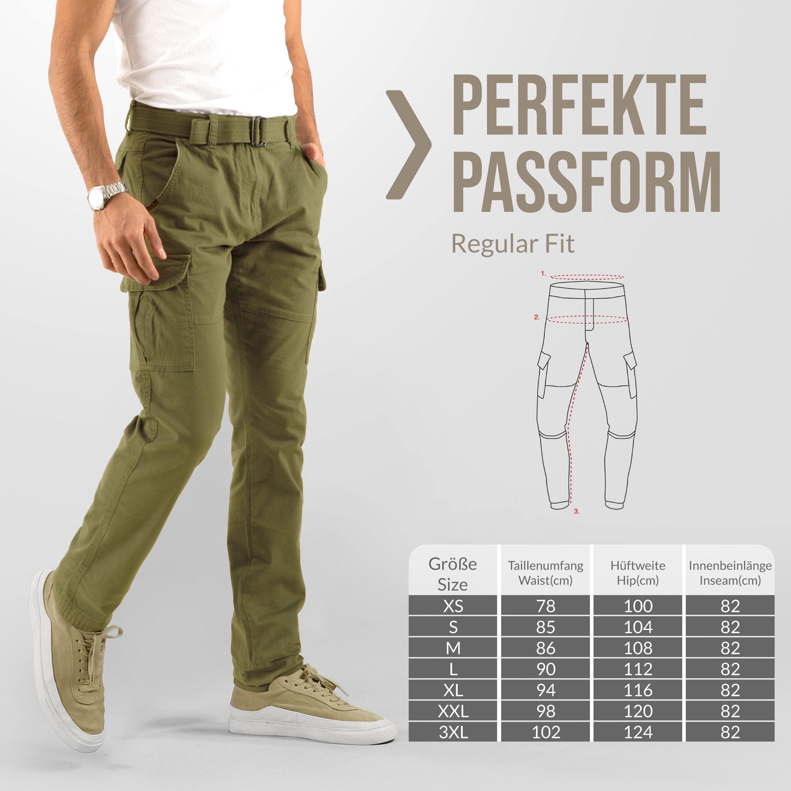 INDICODE Cargohose Herren William Cargo Hose Herrenhose mit 7 Taschen, inkl. Gürtel