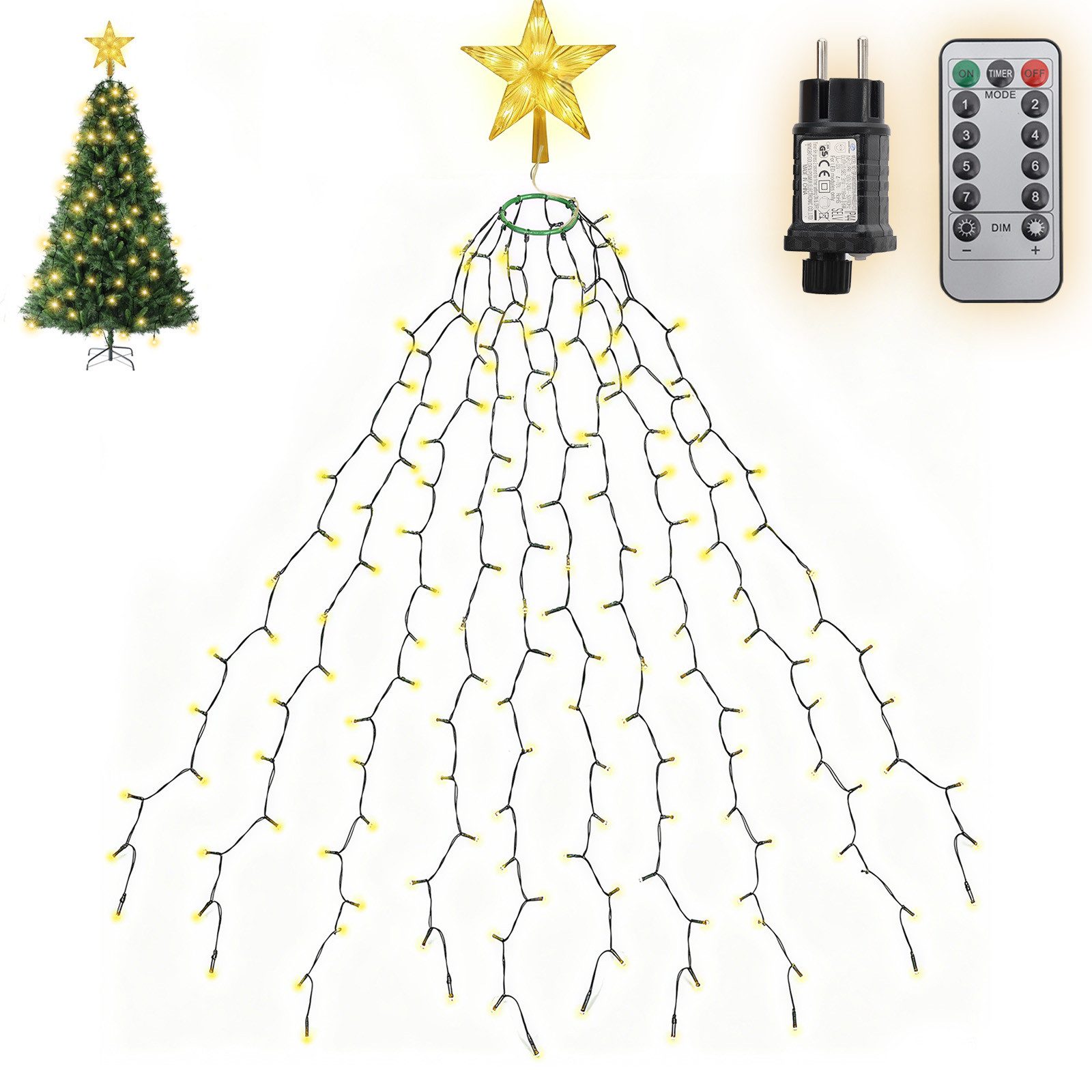 Salcar LED-Lichterkette LED Lichterkette Weihnachtsbaum mit Ring weihnachtsbaumbeleuchtung, Fernbedienung 1,5m 260 LED mit 10 Girlanden mit Baumspitze-Stern
