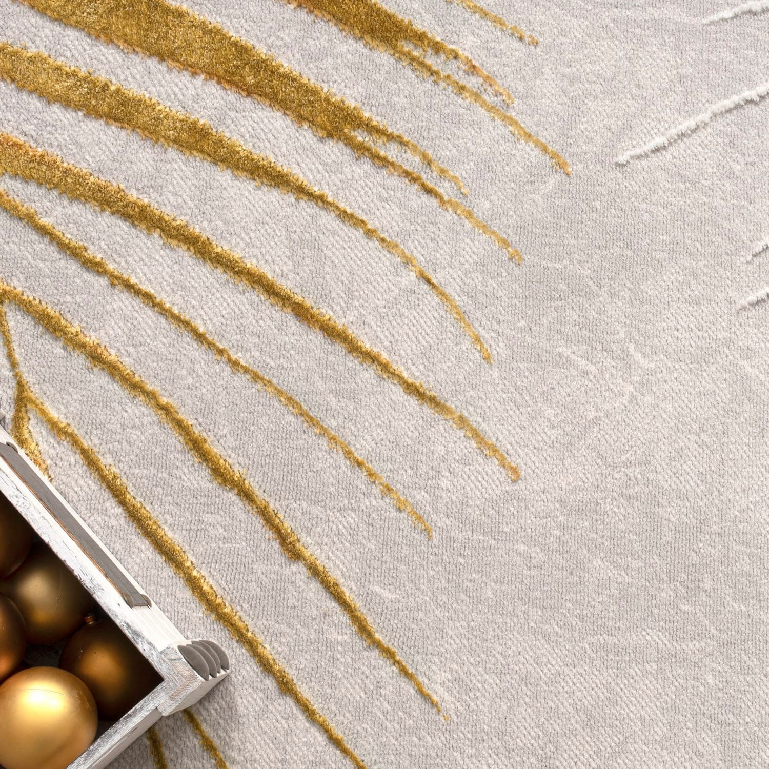 KADIMA DESIGN Teppich Blätter Wohnzimmer schmutzabweisend Teppich Kurzflor, Läufer, Höhe: 15 mm, Florhöhe: 11 mm, Polypropylen, Polyester, 80x150, Gold – Bild 3 von 5