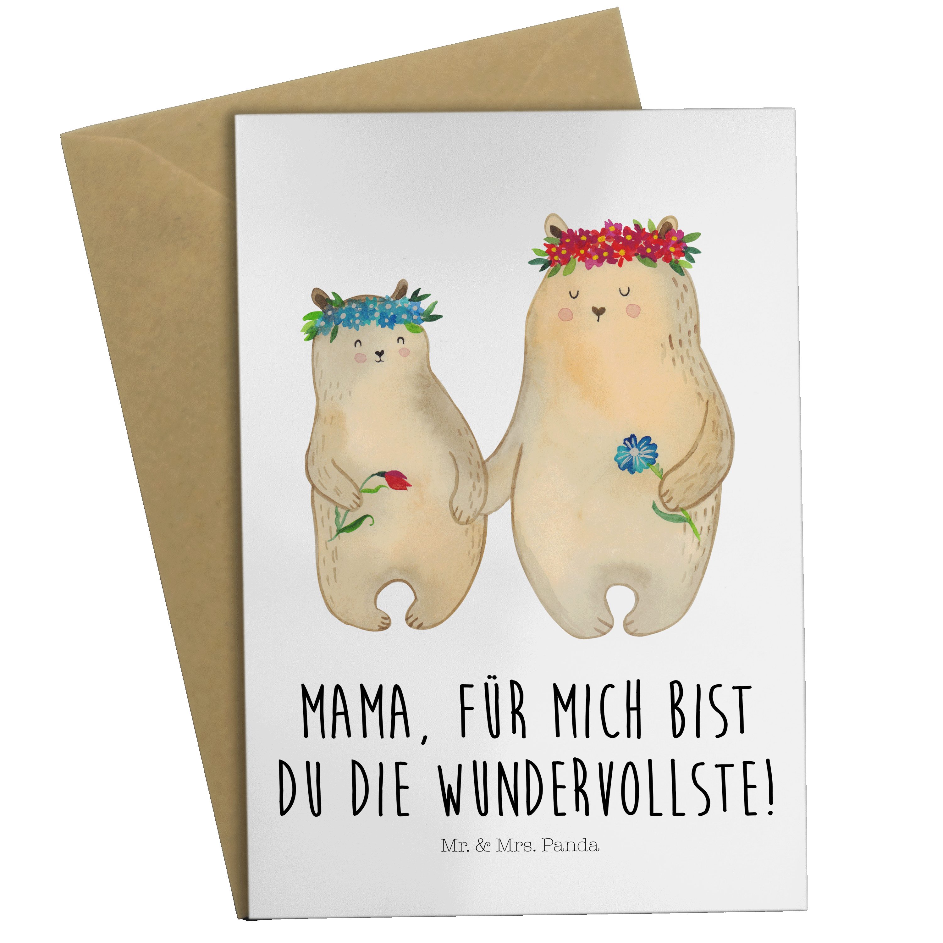 Mr. & Mrs. Panda Grußkarte Bären mit Blumenkranz - Weiß - Geschenk, Vatertag, Glückwunschkarte