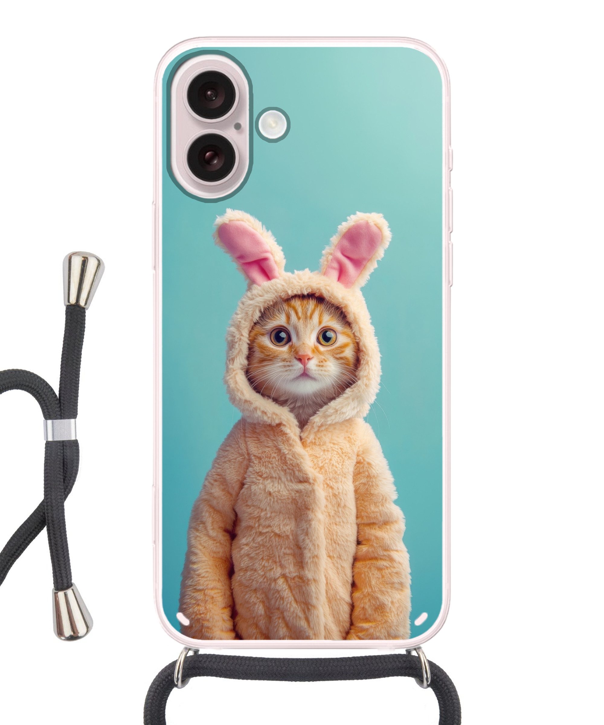 MuchoWow Handyhülle für Apple iPhone 16 Osterhase - Katze - Kostüm, Tragbare Handyhüllen mit Kette zum umhängen, Handykette Handyband