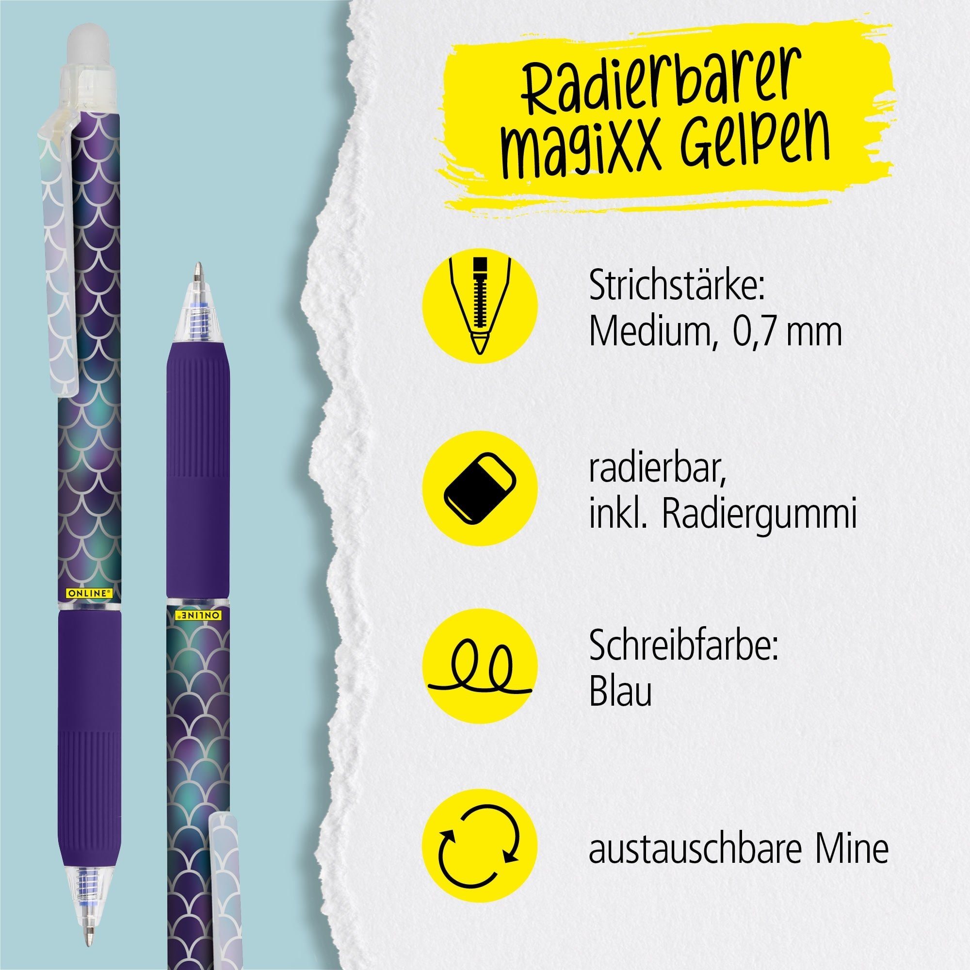 Online Pen Tintenroller magiXX Design, (Radierbarer Gelschreiber blau, Soft-Touch-Griffstück), Gelpen für Schüler, Studenten, Büro