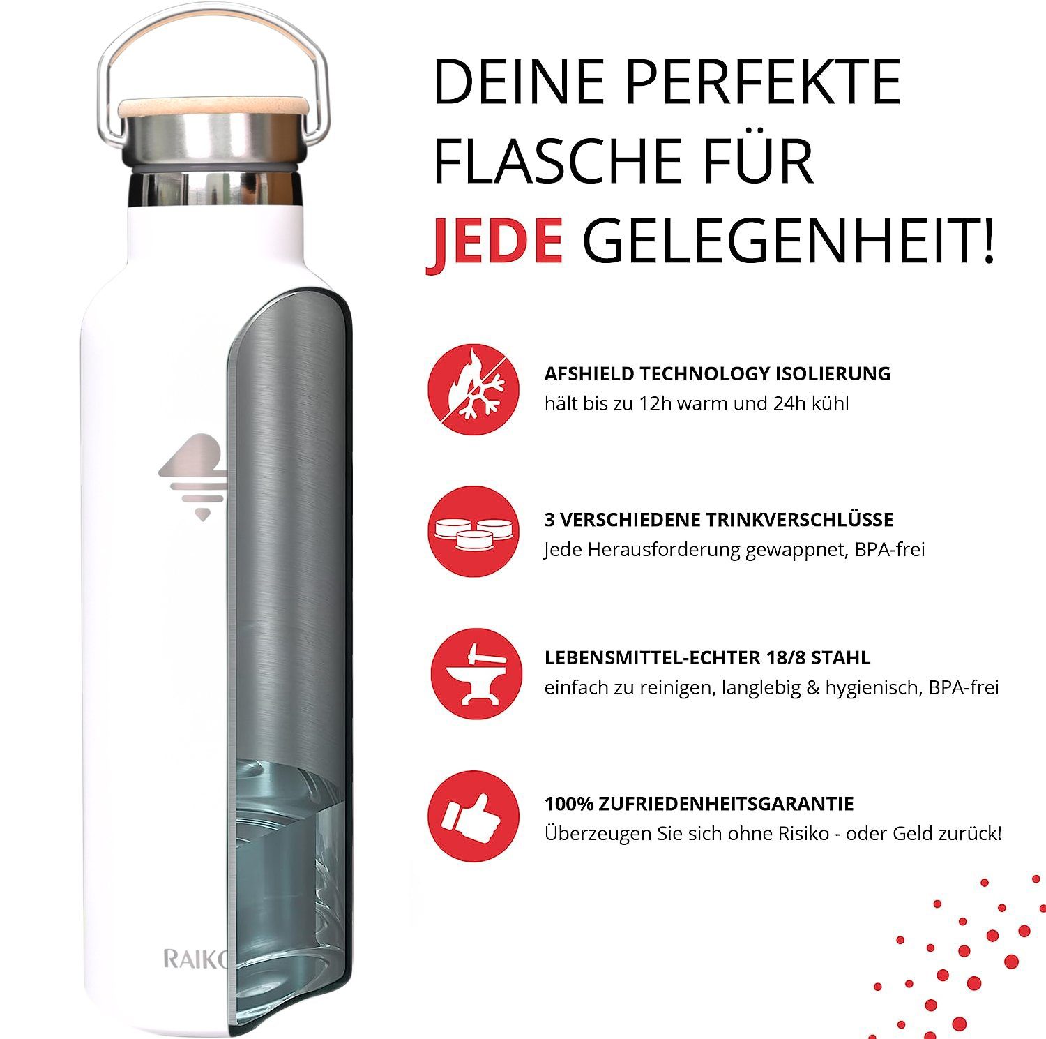 Edelstahl 12H heiß Trinkflasche Vakuumisolierte 24H 2 Isolierflasche RAIKOU kalt,mit Deckel,350ml/500ml/750ml/1000ml Thermoflasche, zu / Nachtblau Wasserflasche bis