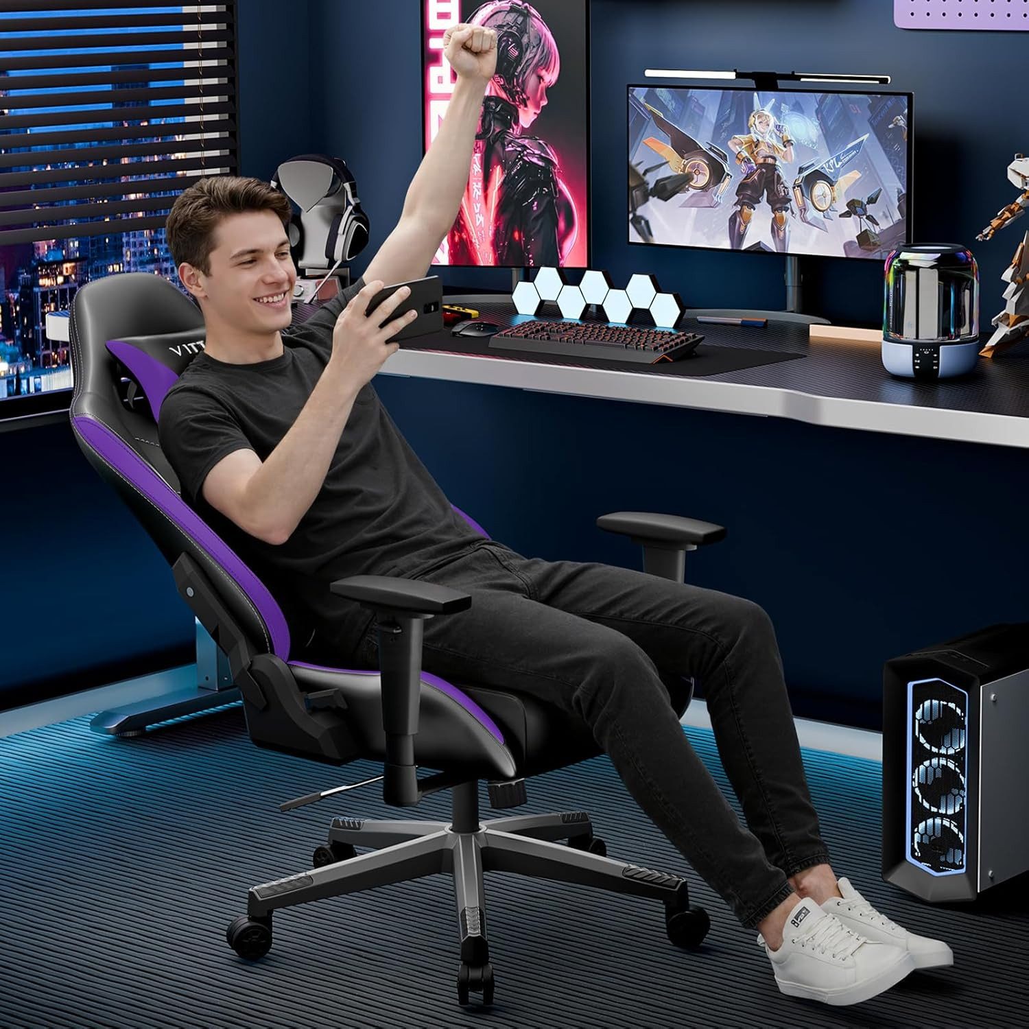Vittanly Gaming-Stuhl Ergonomischer Gamer Stuhl mit Kopfstütze Lendenkissen Höhenverstellbar