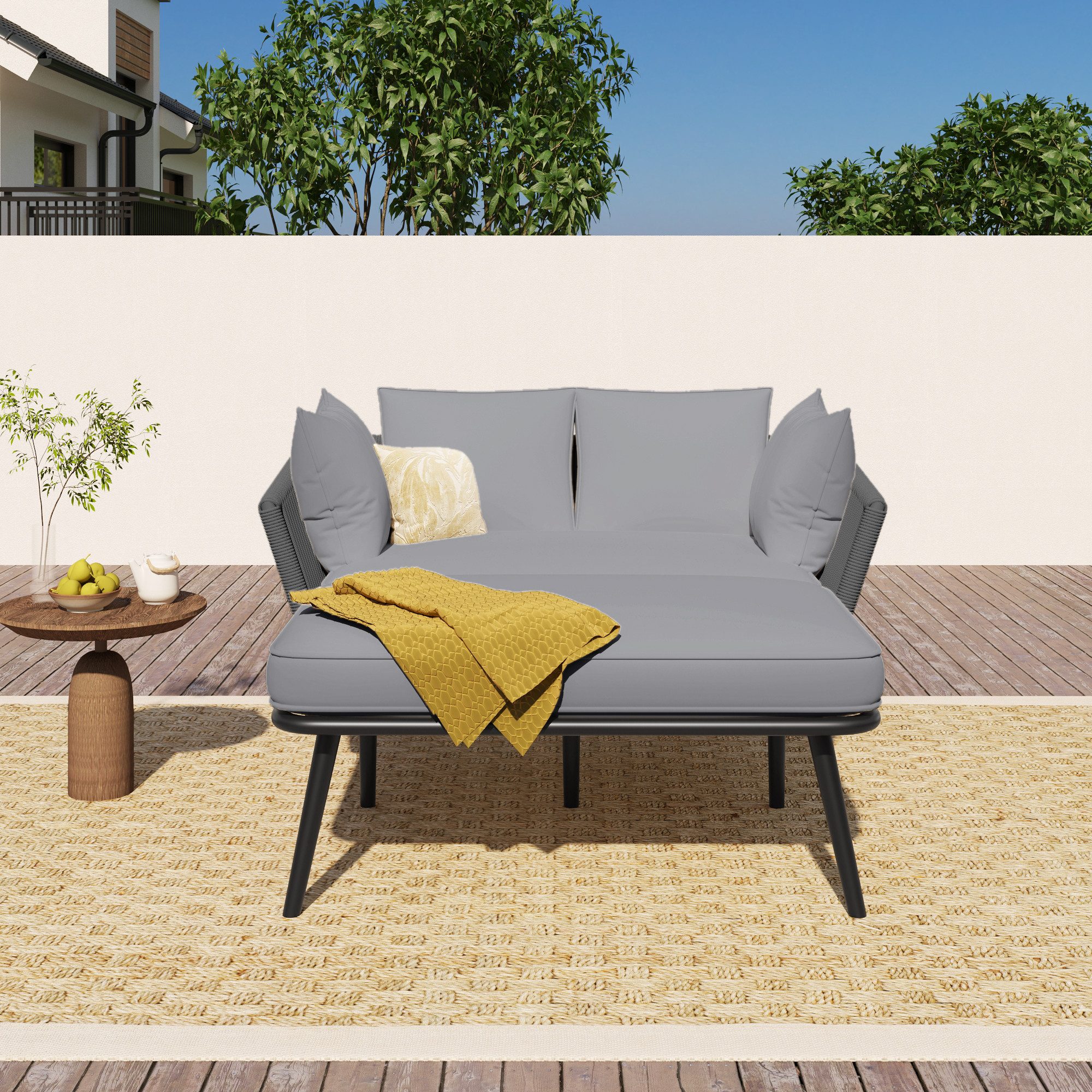 Flieks Gartenliege, 2-Sitzer Gartensofa Sonnenliege Gartenlounge Balkonset aus Seil
