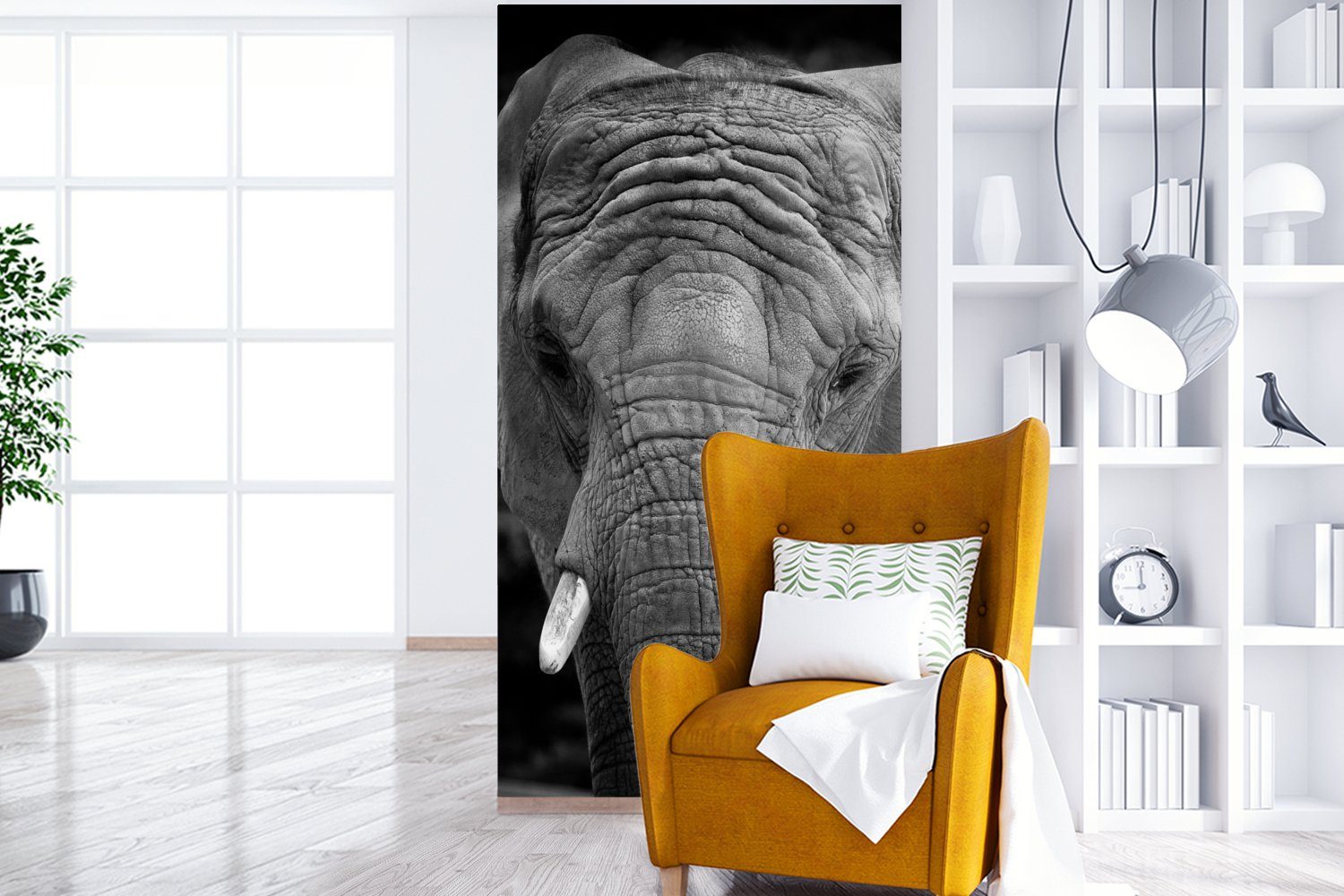 MuchoWow Fototapete (2 bedruckt, und Matt, in Vliestapete Wohnzimmer Porträt Küche, St), Weiß, eines Elefanten für Schlafzimmer Fototapete Schwarz