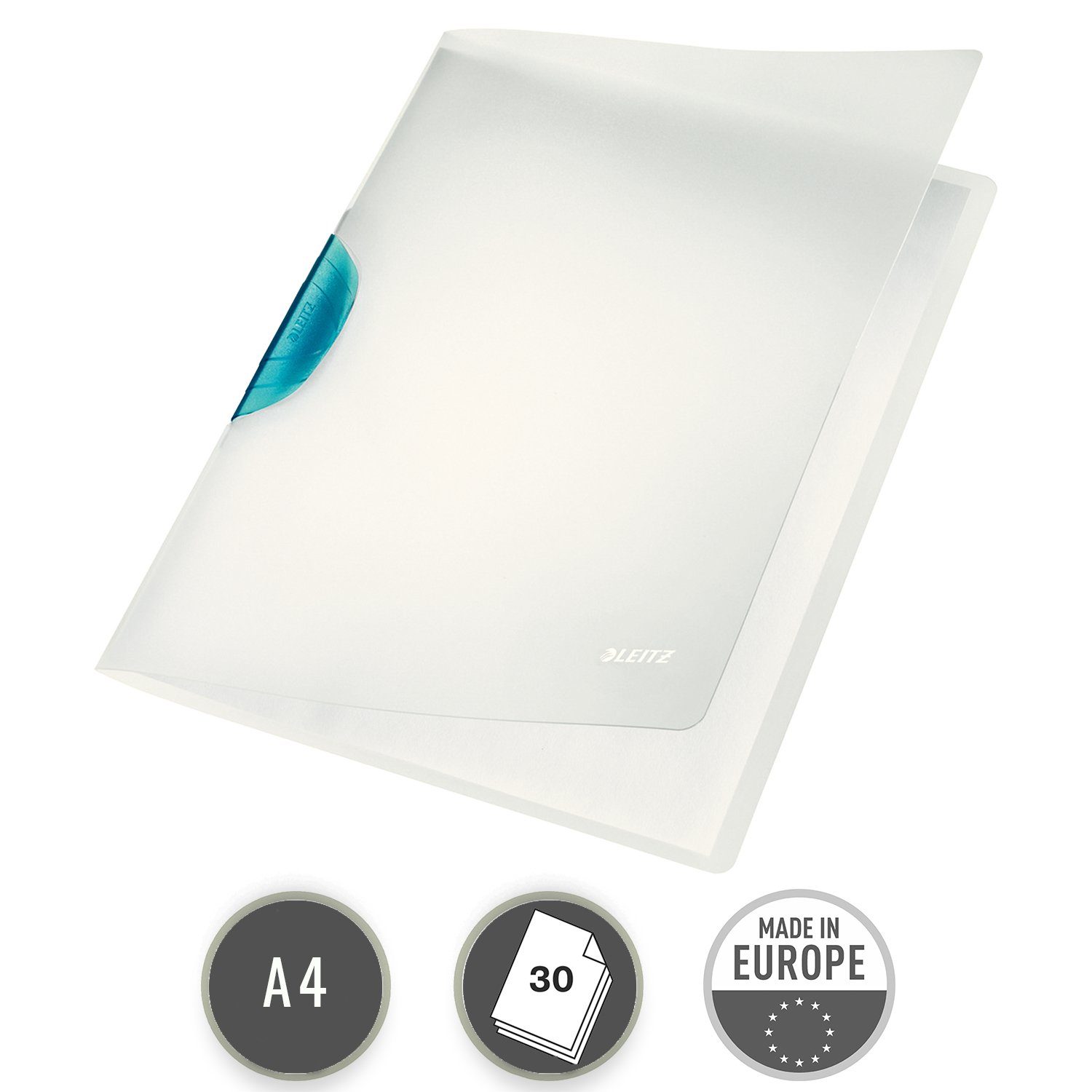 LEITZ Schulheft ColorClip Magic Hefter, für bis zu 30 Blätter (80 g/m), drehbarer Clip-Verschluss hellblau