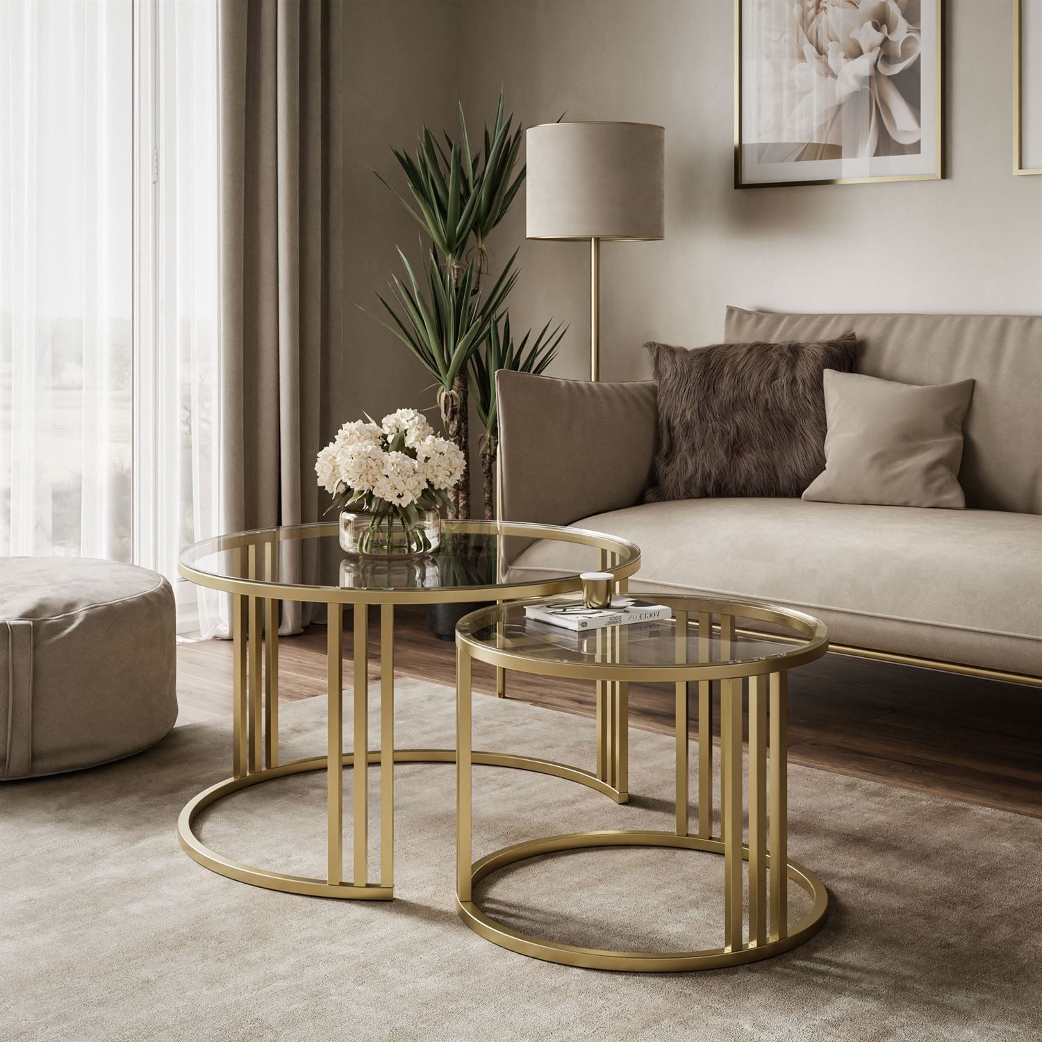 Lookway Couchtisch LORI 2in1 GLASS auf einem gebürsteten goldfarbenen Geste günstig online kaufen